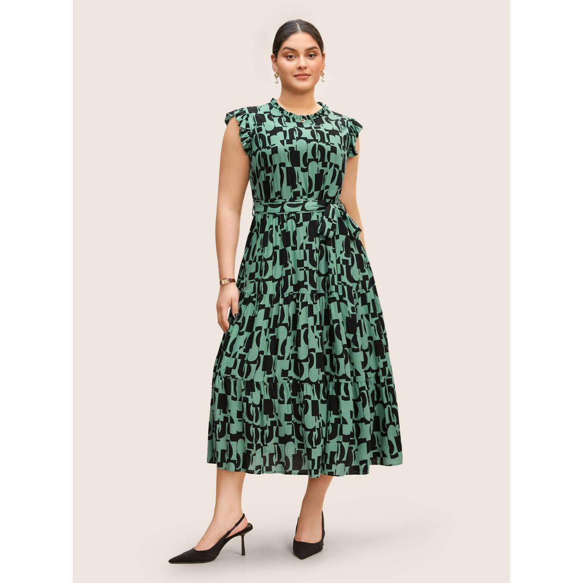 Plus Size Geometric Mock Neck Ruffles Trim Belted Dress Emerald Women At the Office Belted Mock Neck Cap Sleeve Curvy BloomChic 18-20/2X Product Image