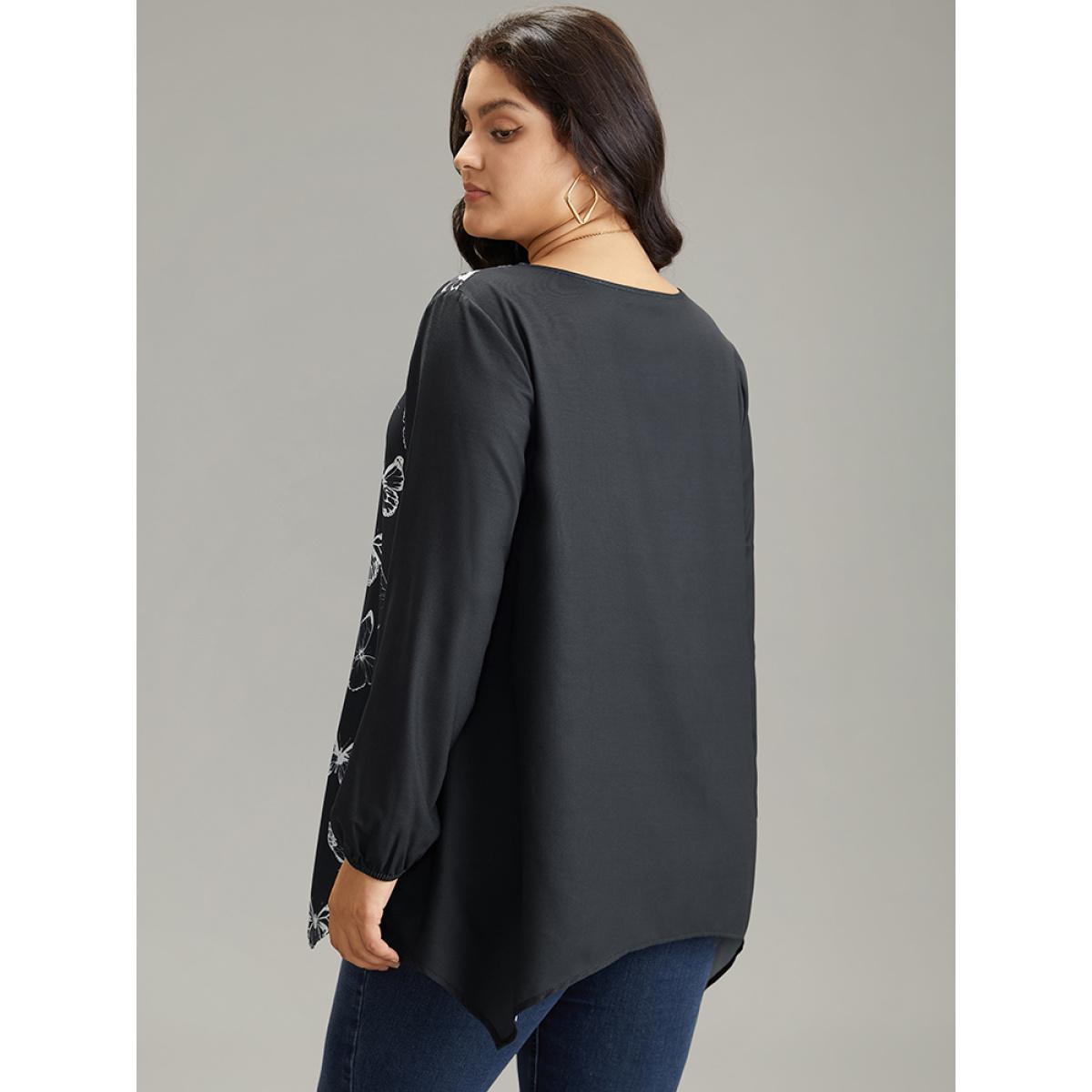 Plus Size Black Butterfly Crew Neck Lantern Sleeve Hanky Hem Blouse Women Elegant Long Sleeve Round Neck Office Blouses BloomChic 28/5X Product Image