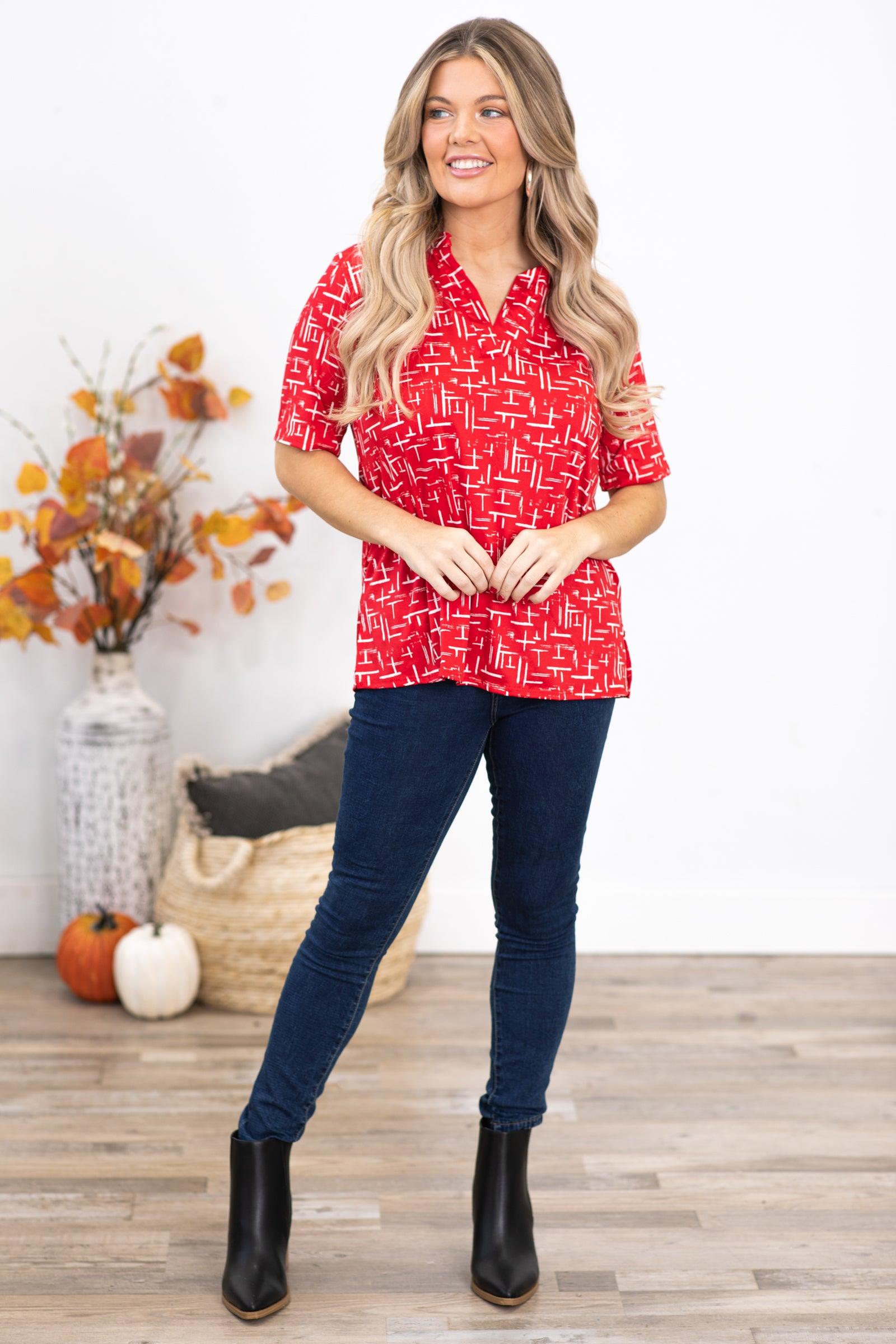 Red and White Abstract Print Notch Neck Top Product Image