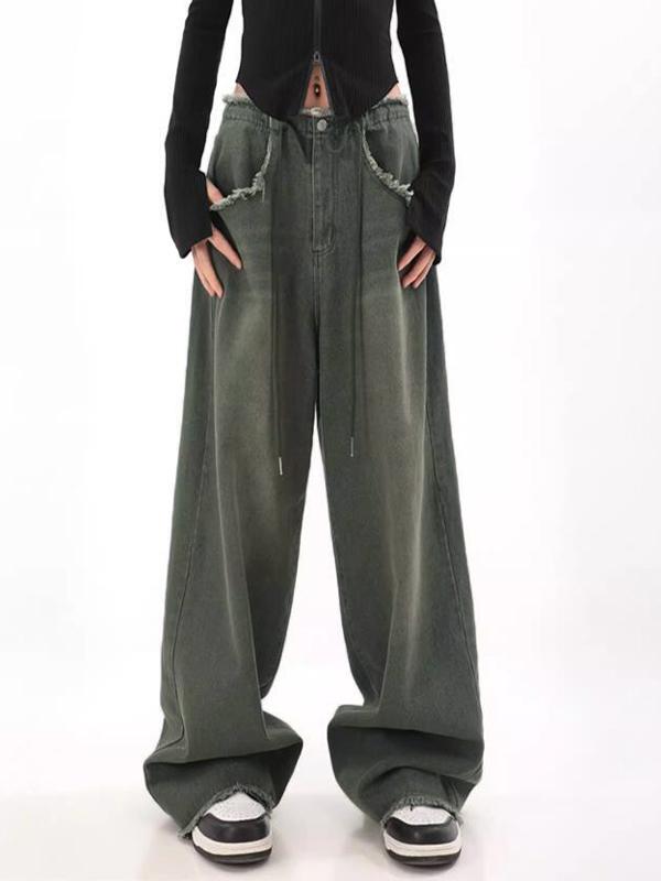 Raw Trim High Rise Drawstring Boyfriend Jeans Product Image