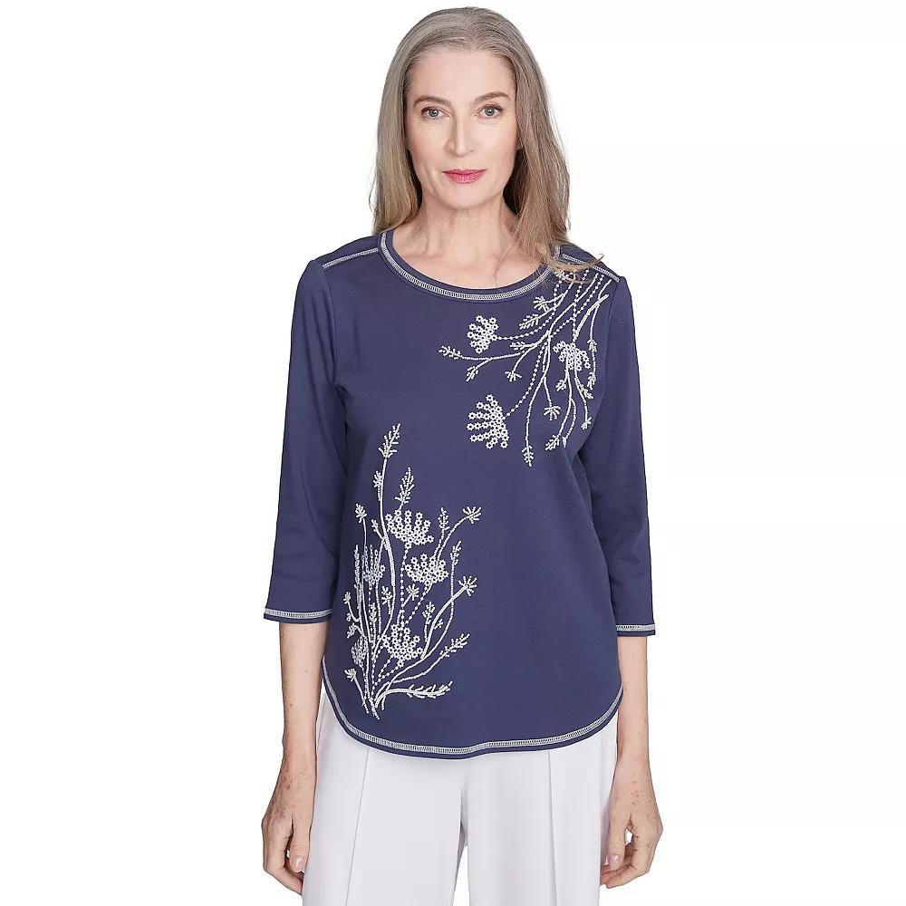 Women's Alfred Dunner Asymmetric Floral Embroidered Top, Size: Large, Marine Blue Product Image
