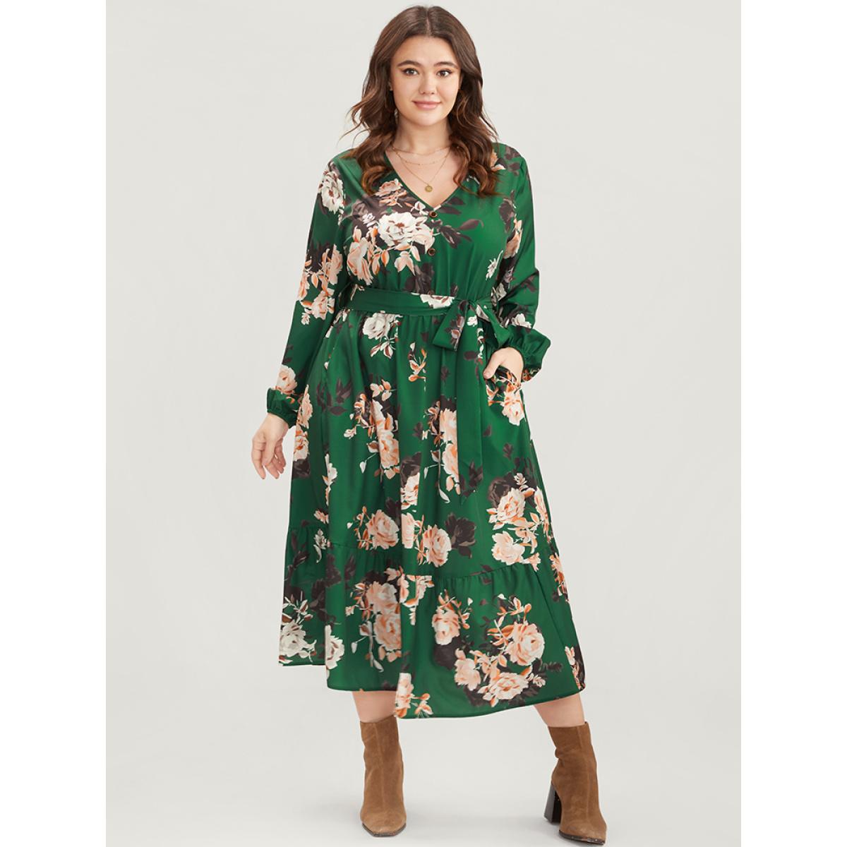 Plus Size Floral Print Lantern Sleeve Button Detail Pocket Belted Dress Moss Women Elegant Elastic Waist V-neck Long Sleeve Curvy Midi Dress BloomChic 12/L Product Image