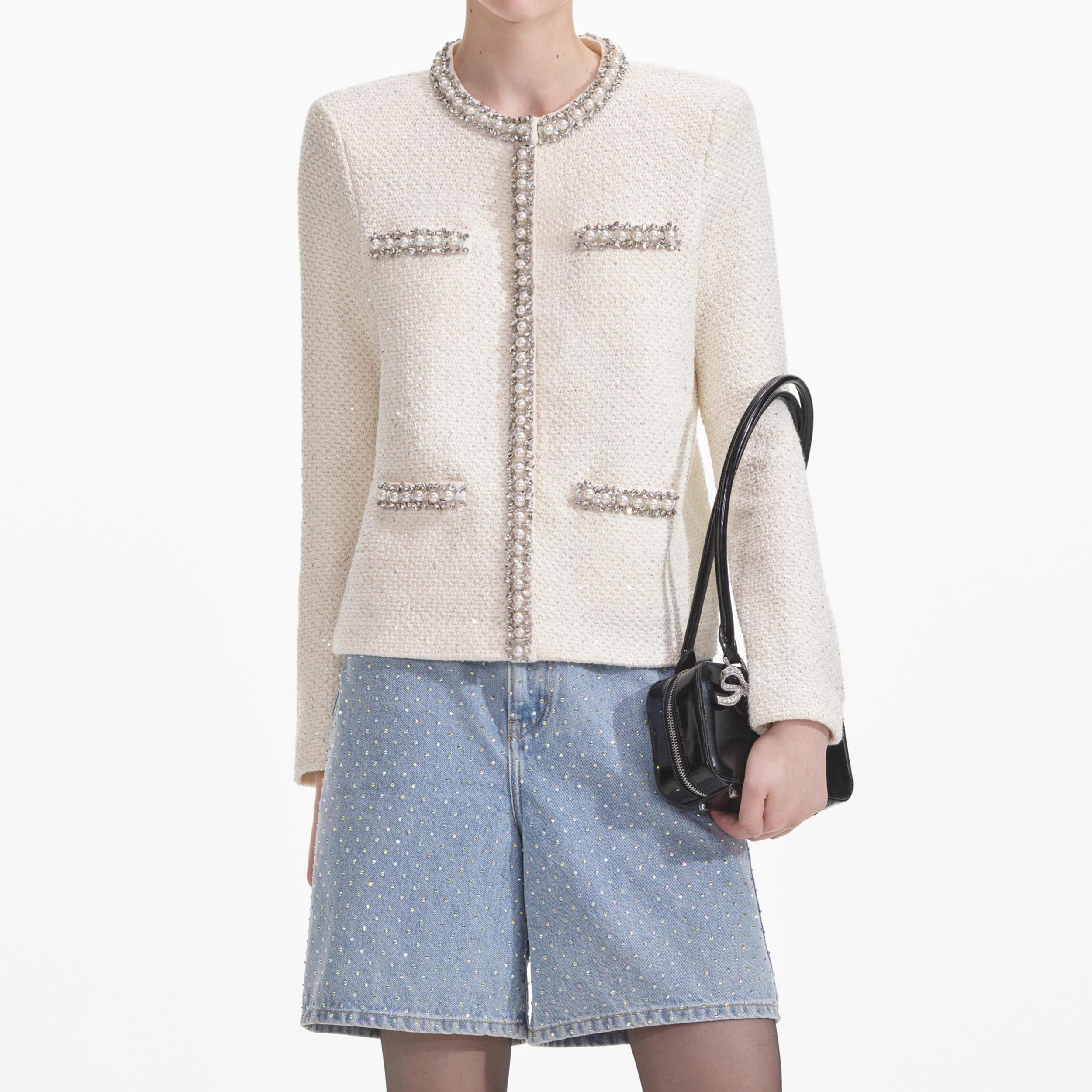 Cream Textured Knit Embellished Cardigan Product Image