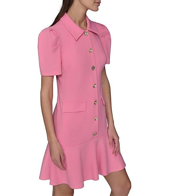 KARL LAGERFELD PARIS Scuba Crepe Point Collar Neck Short Sleeve Button Front Shirt Mini Dress Product Image