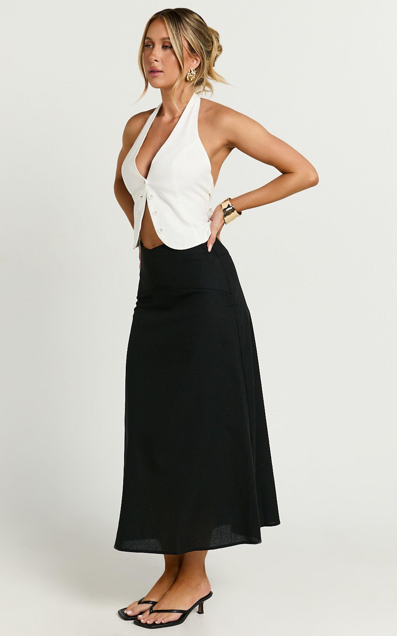 Sundry Midi Skirt - Linen High Waisted Cross Front Detail Skirt in Black Product Image