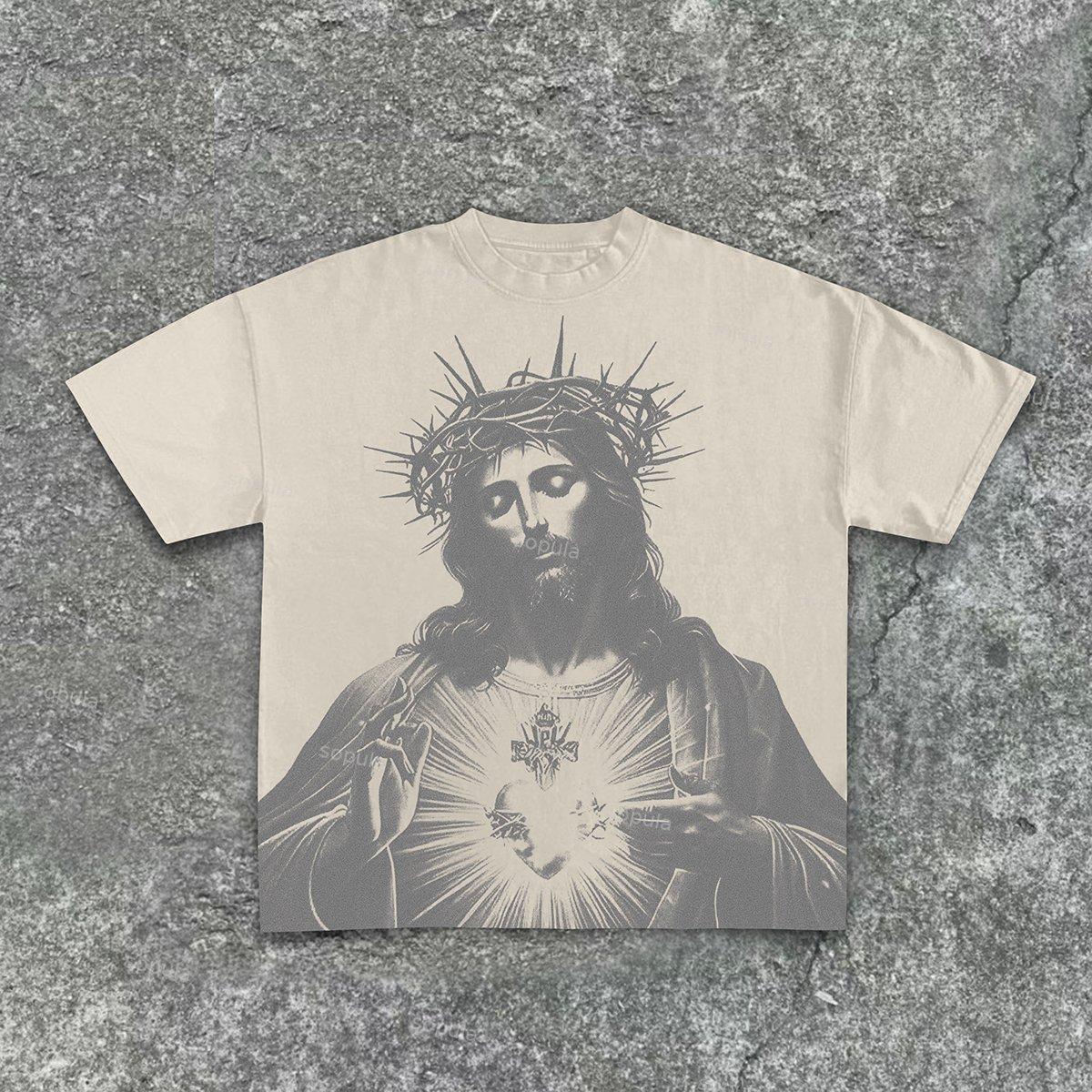 Vintage Jesus Print Round Neck Cotton T-Shirt Product Image