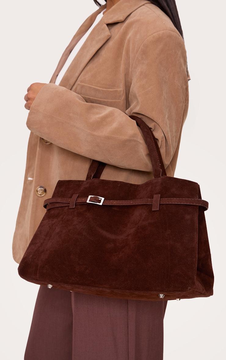 Chocolate Faux Suede Buckle Square Tote Bag Product Image
