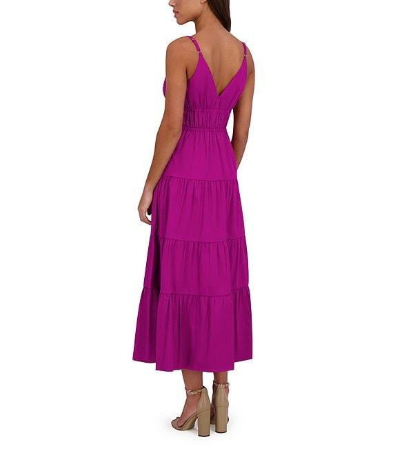 SIENA Solid Stretch Cotton Blend Plunge V-Neck Sleeveless Tiered Hem A-Line Midi Dress Product Image