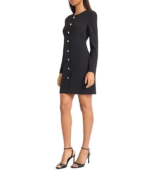 Donna Morgan Scuba Crepe Long Sleeve Faux Button Front Dress Product Image