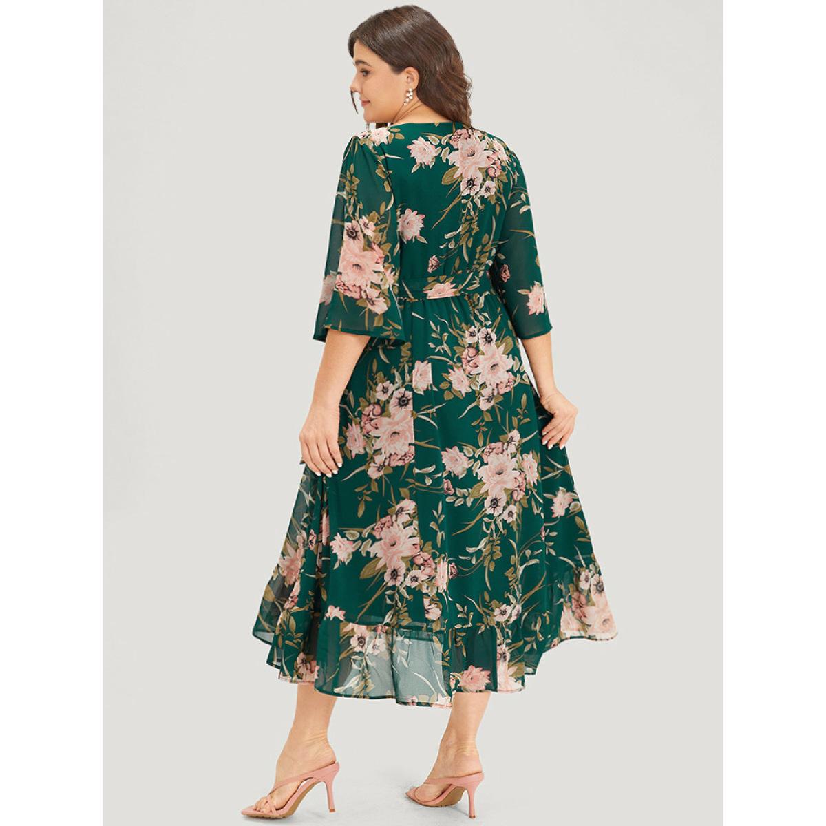 Plus Size Floral Print Surplice Neck Belted Dress DarkGreen Women Elegant Lined V-neck Elbow-length sleeve Curvy Midi Dress BloomChic 22-24/3X Product Image