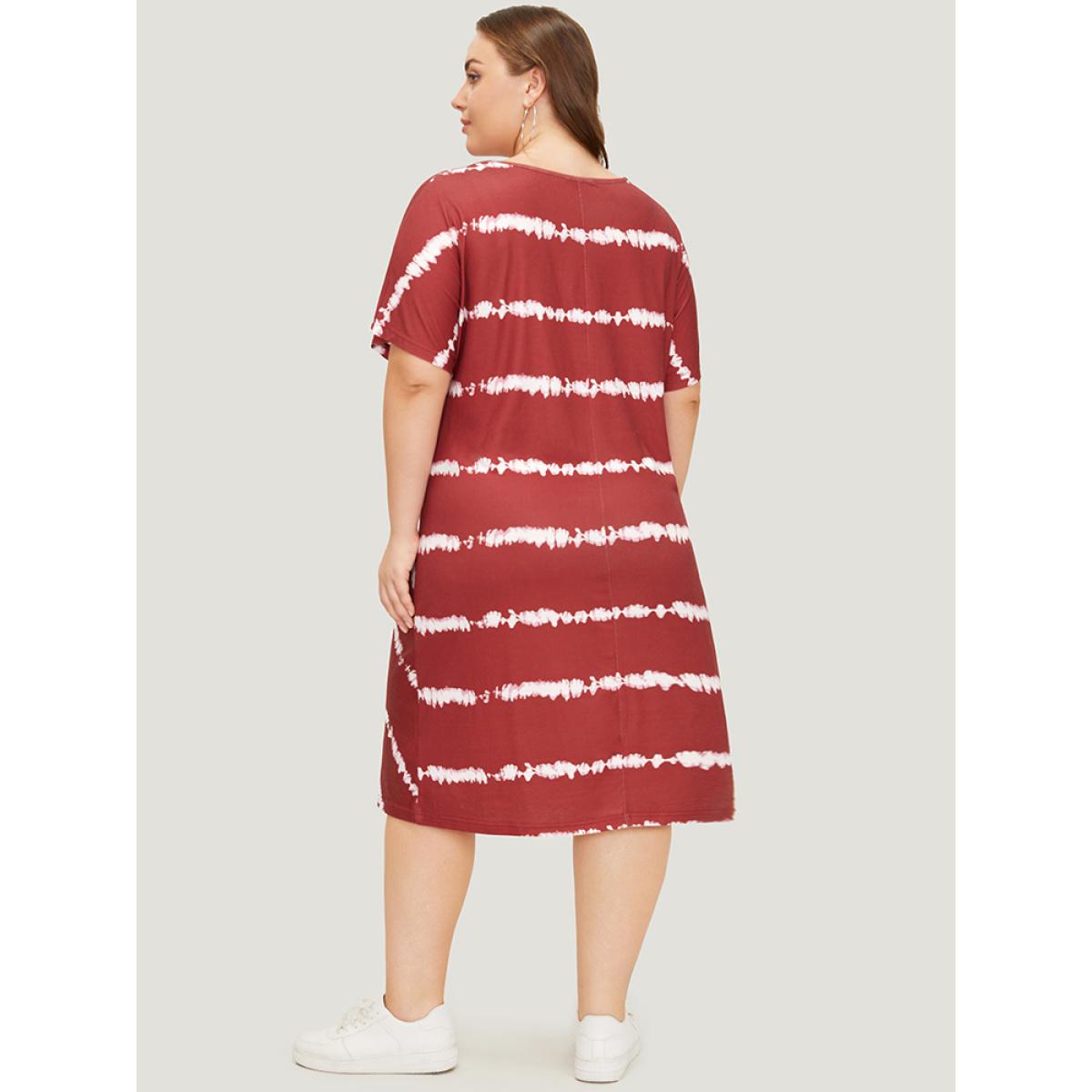 Plus Size Striped Print Batwing Sleeve Knot Front Tie Dye Dress Burgundy Women Casual Cross straps Round Neck Short sleeve Curvy Knee Dress BloomChic 28/5X Product Image