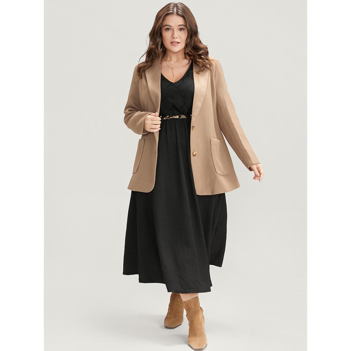 Plus Size Solid Pocket Textured Lantern Sleeve Contrast Lace Midi Dress Black Women Elegant Patchwork V-neck Long Sleeve Curvy Midi Dress BloomChic 30/6X Product Image