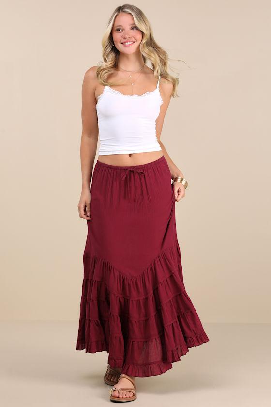 Bedelia Dark Red Tiered Drawstring Maxi Skirt Product Image