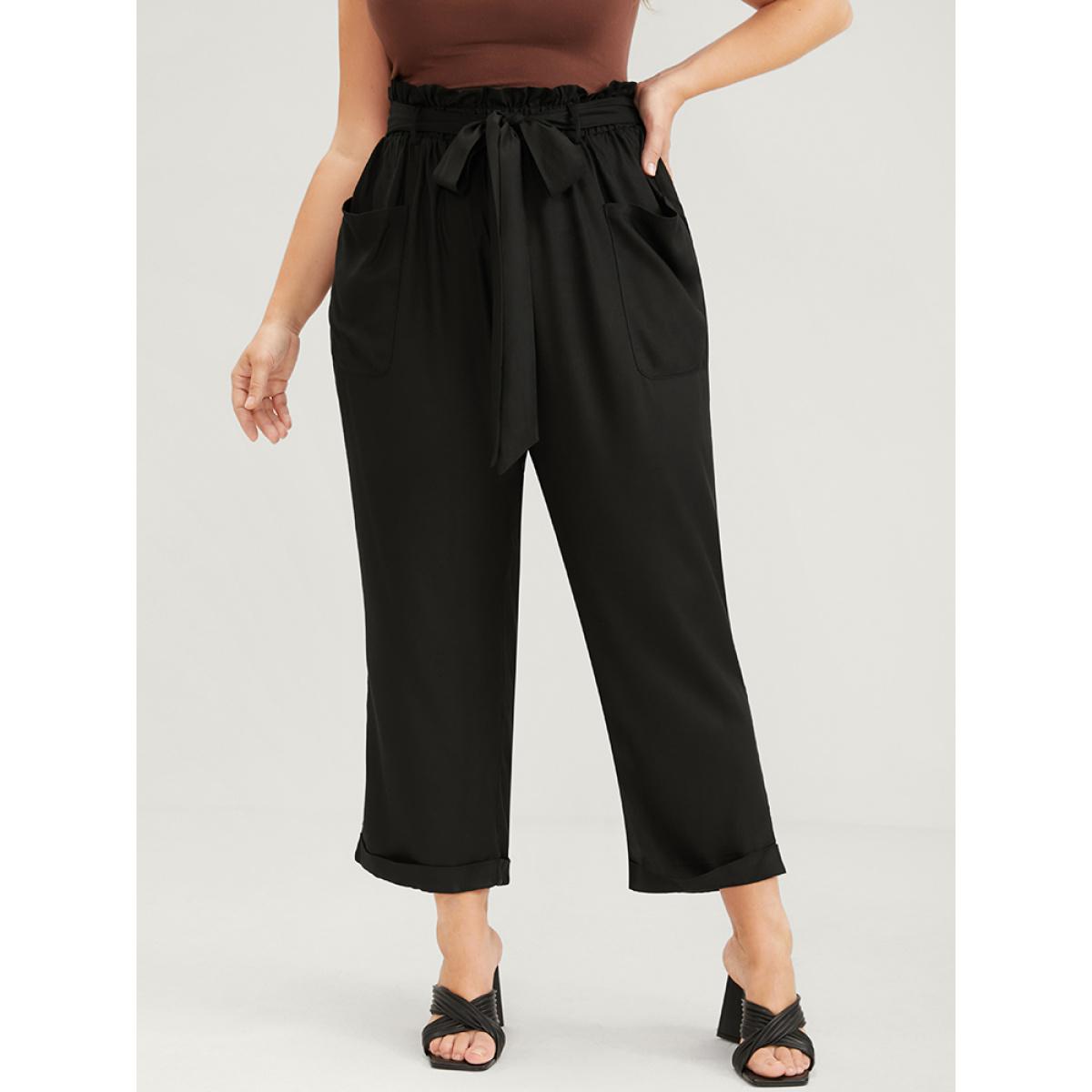 Plus Size Solid Pocket Front Paperbag Waist Belted Pants Women Black Casual High Rise Dailywear Pants BloomChic 10/M Product Image