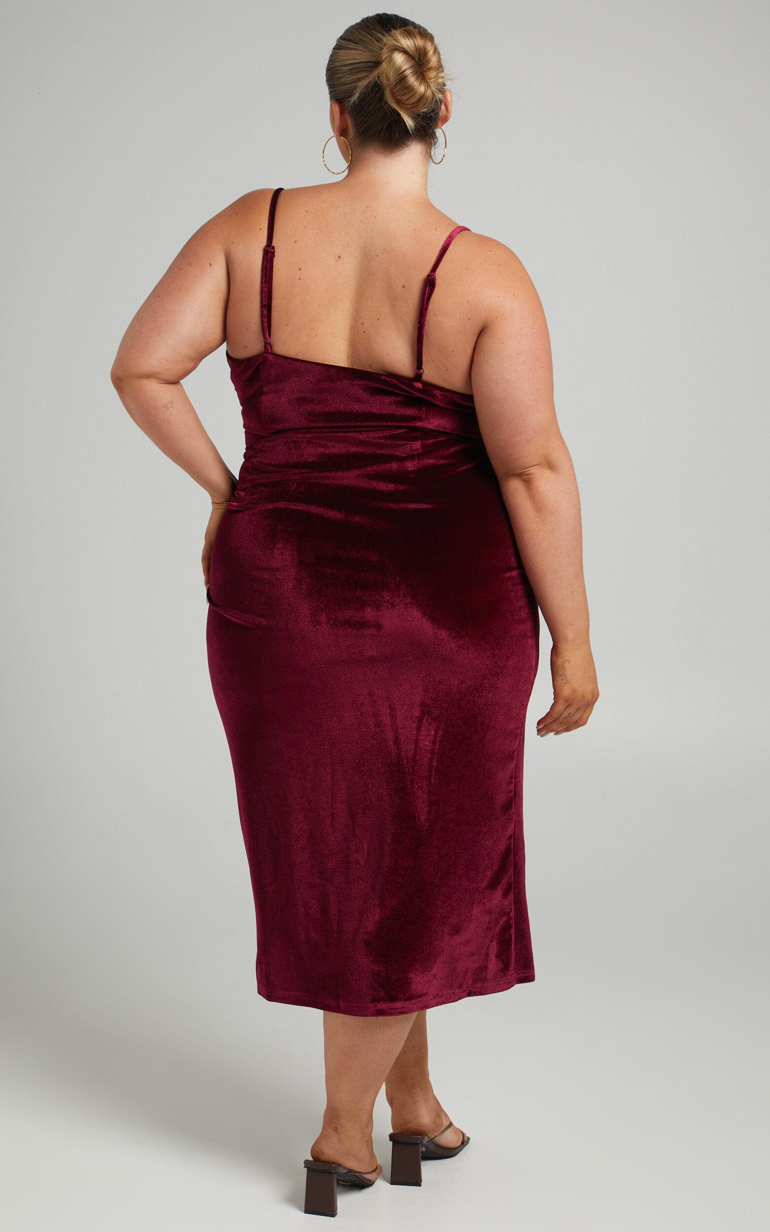Loving Blind Midi Dress - Draped Thigh Split Dress in Wine Velvet Product Image