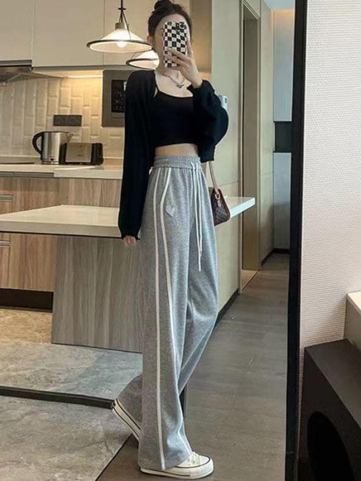 High Waist Heart Embroidered Striped Straight-Fit Wide-Leg Sweatpants Product Image