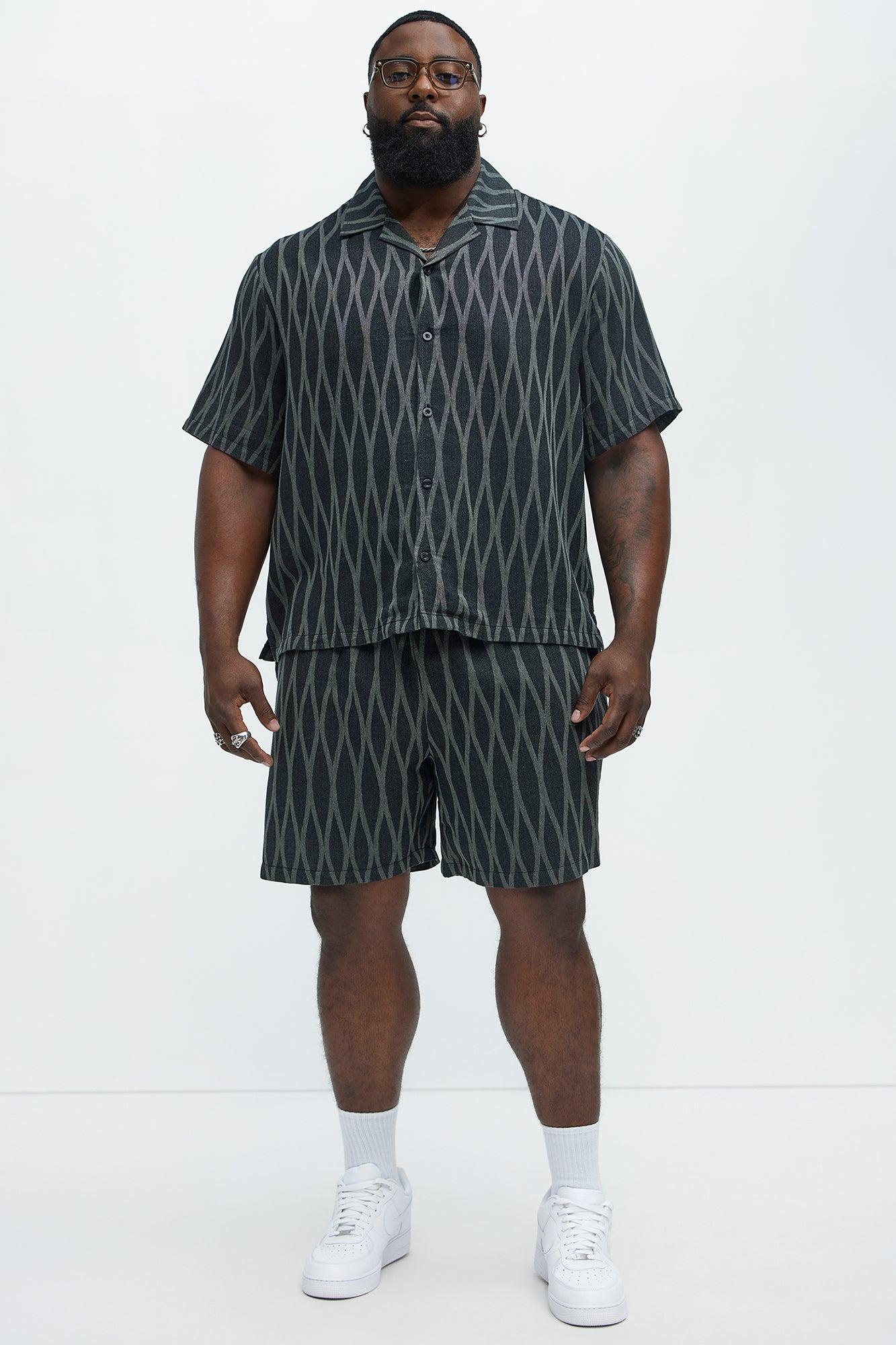 Waved Lines Cuban Collar Button Up Shirt - Black/combo Product Image