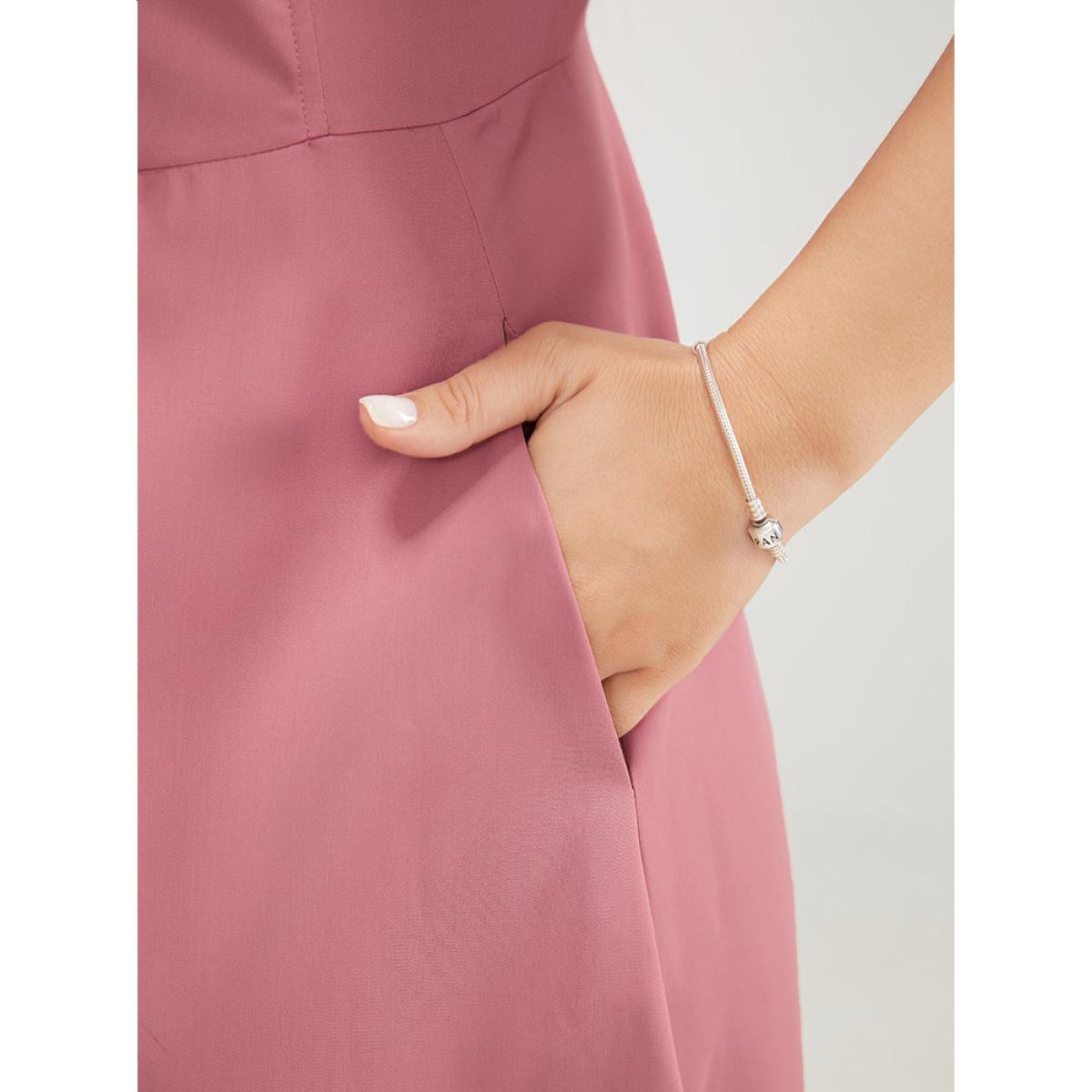 Plus Size Plain Ruffle Sleeve Pocket Tiered Button Up Dress Rouge Women Elegant Button V-neck Short sleeve Curvy Midi Dress BloomChic 26/4X Product Image