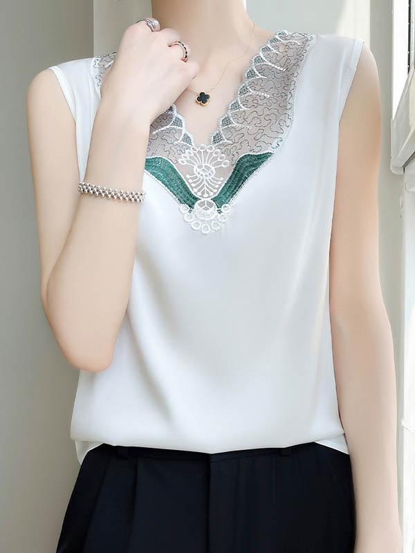 Loose Sleeveless Embroidered Mesh Split-Joint V-Neck Vest Top Product Image