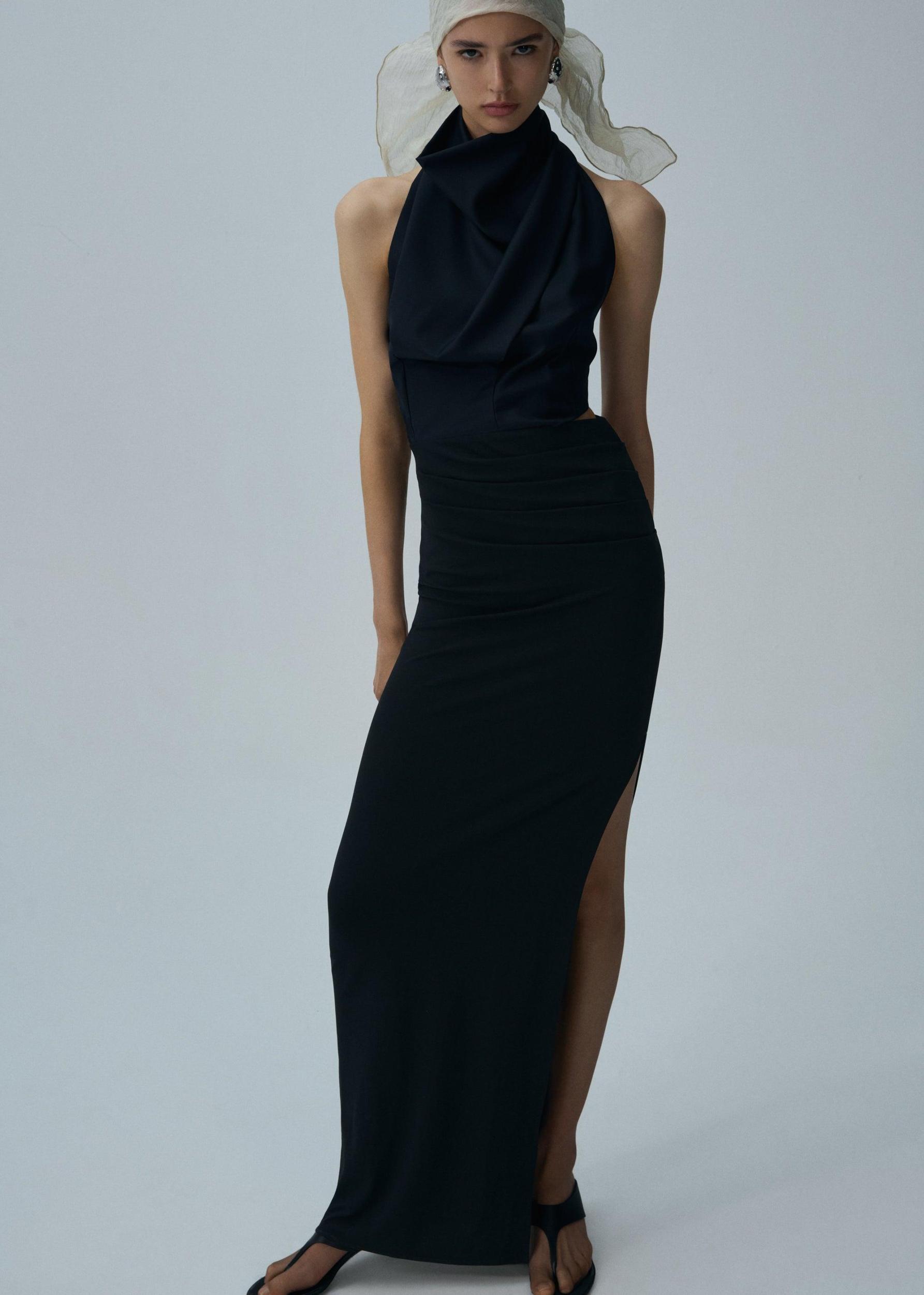 Cowl neck gown in navy Product Image