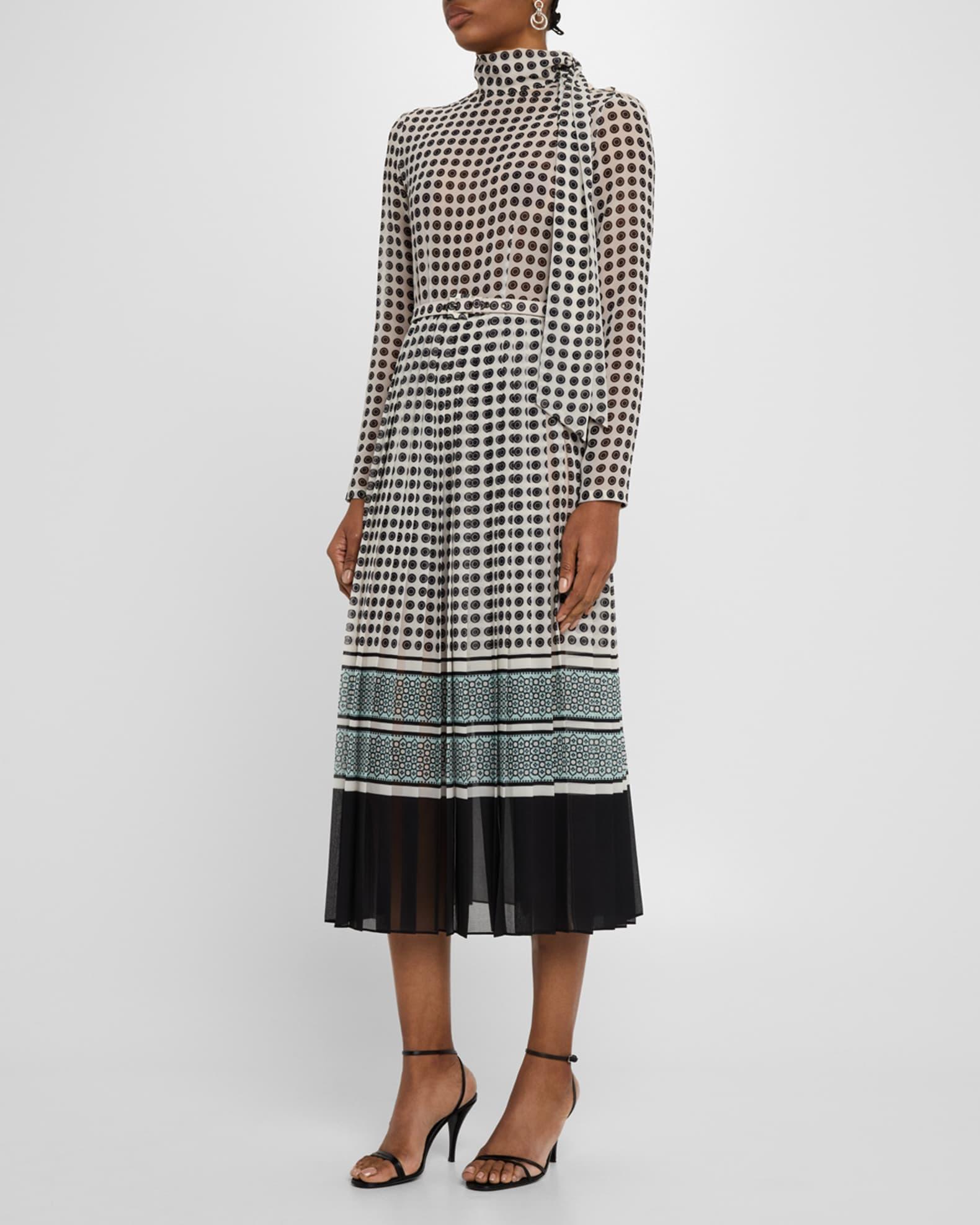 Scarf-Neck Pleated Midi Day Dress With Belt Product Image
