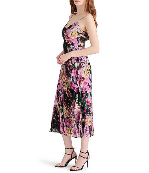 Steve Madden Ray Floral Print Sweetheart Sleeveless Chiffon Pleated Midi Dress Product Image