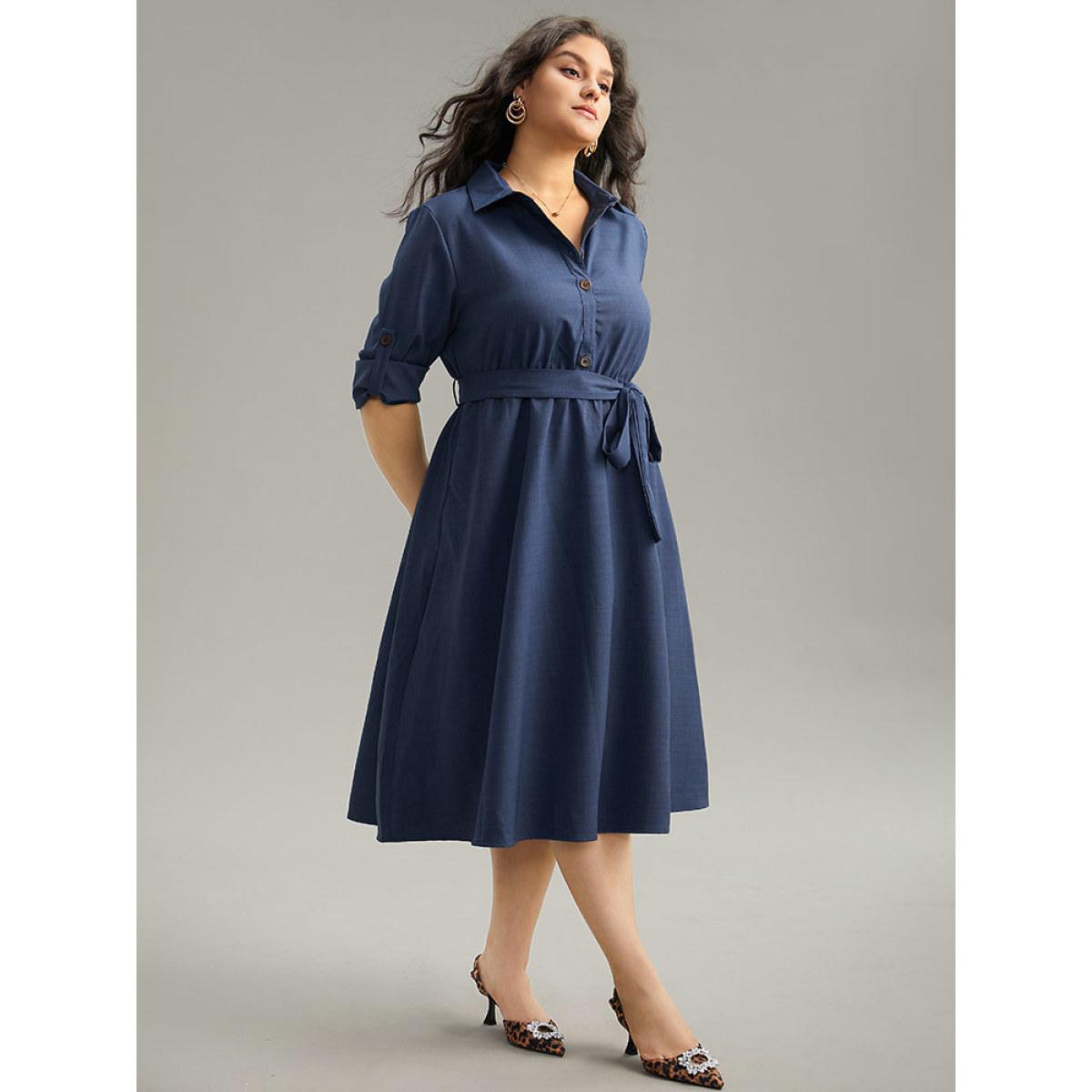 Plus Size Static-Free solid Belted Tab Sleeve Dress Indigo Women Office Plain Shirt collar Long Sleeve Curvy Midi Dress BloomChic 28/5X Product Image