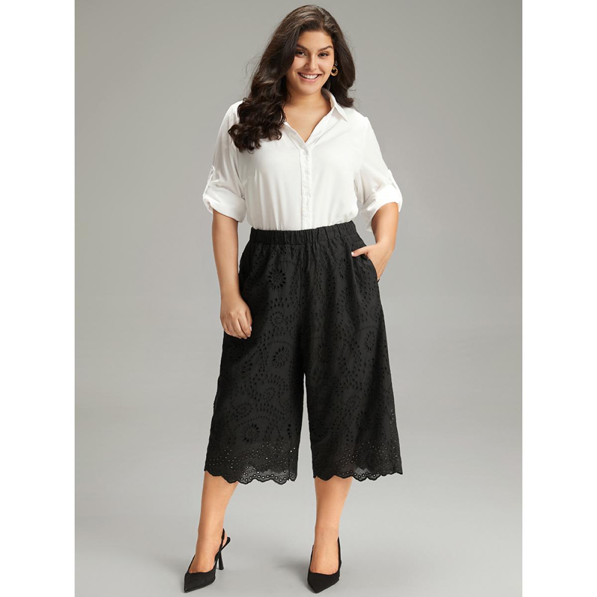 Plus Size Solid Broderie Anglaise Scalloped Trim Cropped Pants Women Black Elegant Straight Leg High Rise Dailywear Pants BloomChic 14-16/1X Product Image