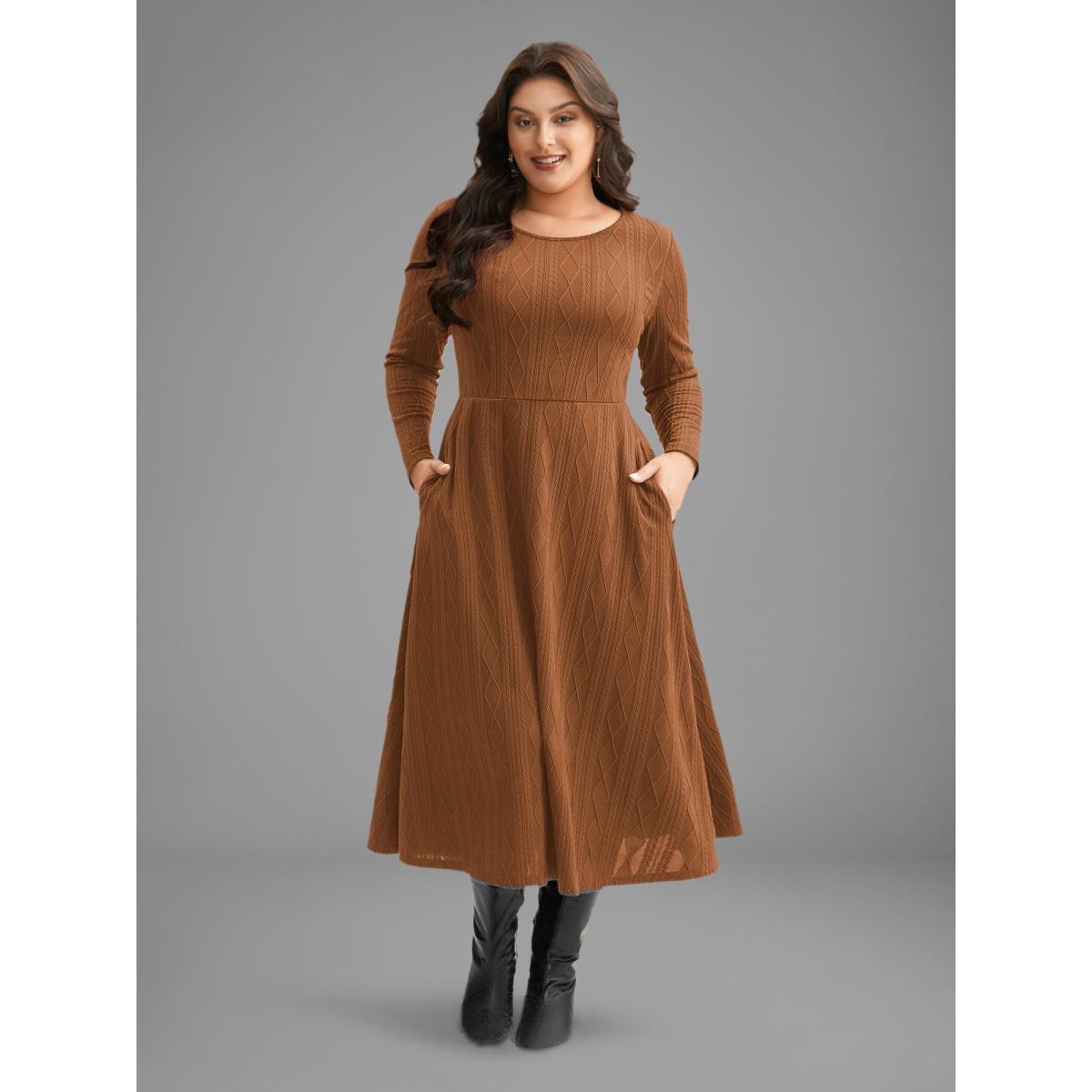 Plus Size Textured Knit Fit-And-Flare Midi Dress Burgundy Women Leisure Texture Round Neck Long Sleeve Curvy BloomChic 26/4X Product Image