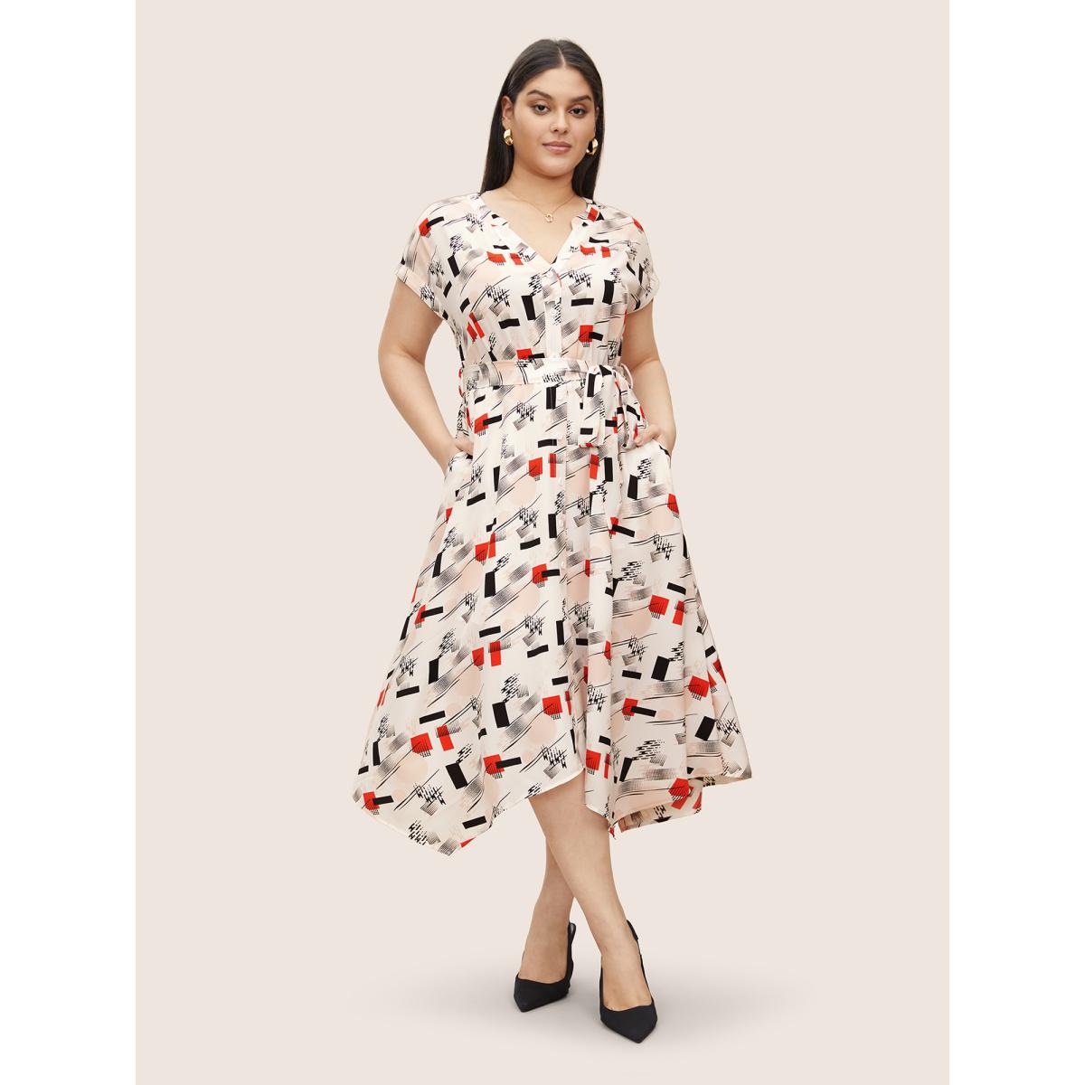 Plus Size Geometric Flat Collar With V Notch Batwing Sleeve Dress Multicolor Women At the Office Belted Flat collar with V-notch Short sleeve Curvy Midi Dress BloomChic 18-20/2X Product Image