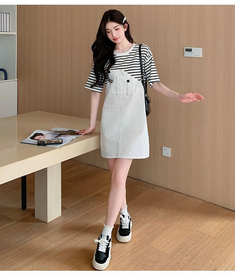 Maternity Elbow-Sleeve Crew Neck Mock Two-Piece Striped Panel Mini Shift Dress Product Image