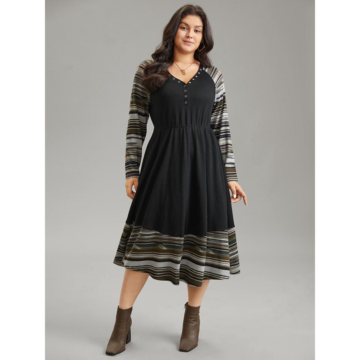 Plus Size Striped Raglan Sleeve Patchwork Elastic Waist Dress Black Women Casual Printed V-neck Long Sleeve Curvy Midi Dress BloomChic 12/L Product Image