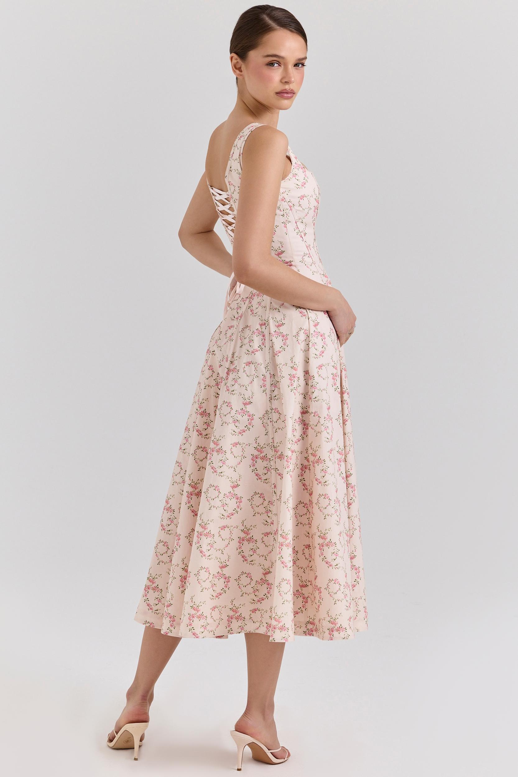 Mariabella  cream floral print cotton midi sun dress Product Image