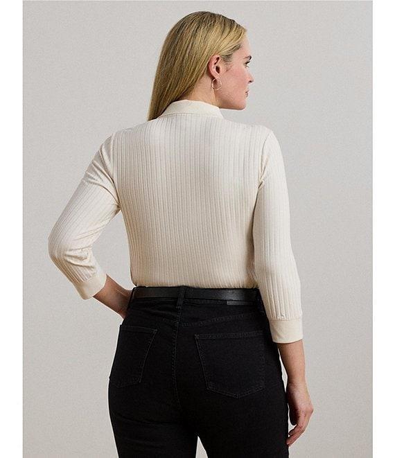 Lauren Ralph Lauren Plus Size Ribbed Knit Collar 3/4 Sleeve Polo Shirt Product Image