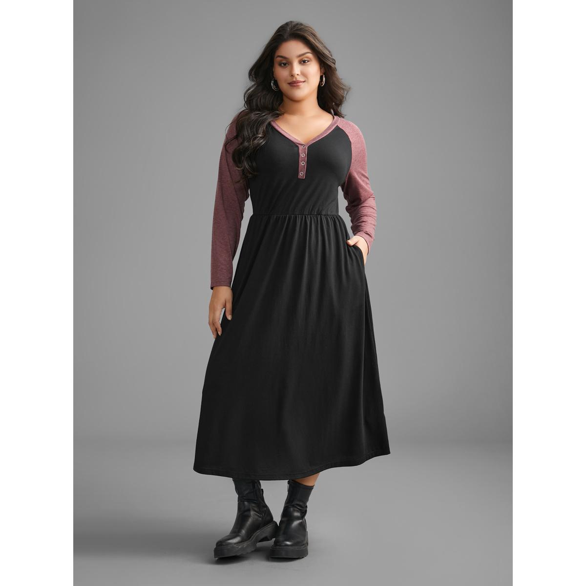 Plus Size V Neck Heather Patchwork Knit Dress Black Women Casual Contrast Knit Dresses Bloomchic 14-16/1X Product Image