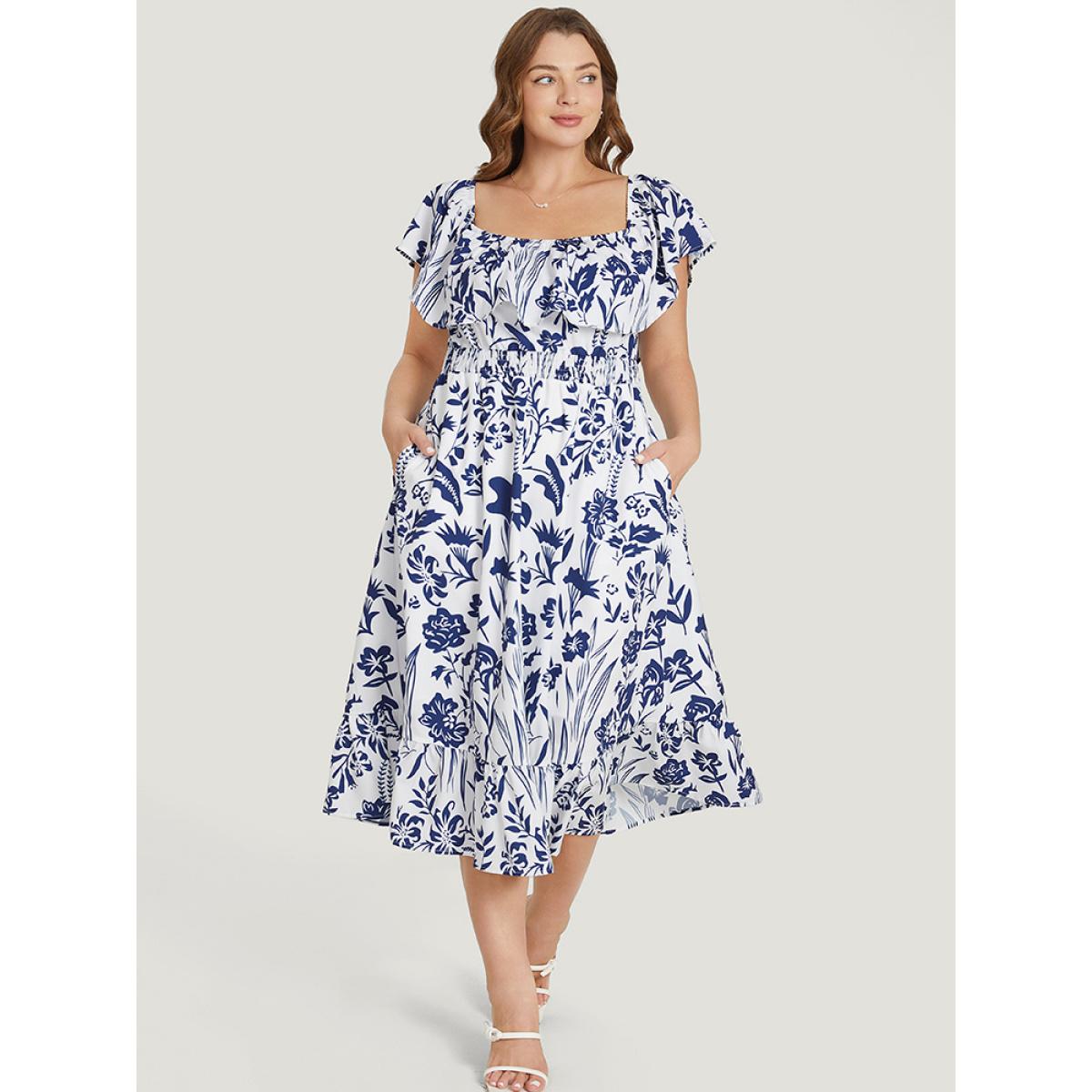 Plus Size Floral Ruffle Trim Square Neck Shirred Pocket Dress Blue Women Elegant Lined Square Neck Short sleeve Curvy Midi Dress BloomChic 26/4X Product Image