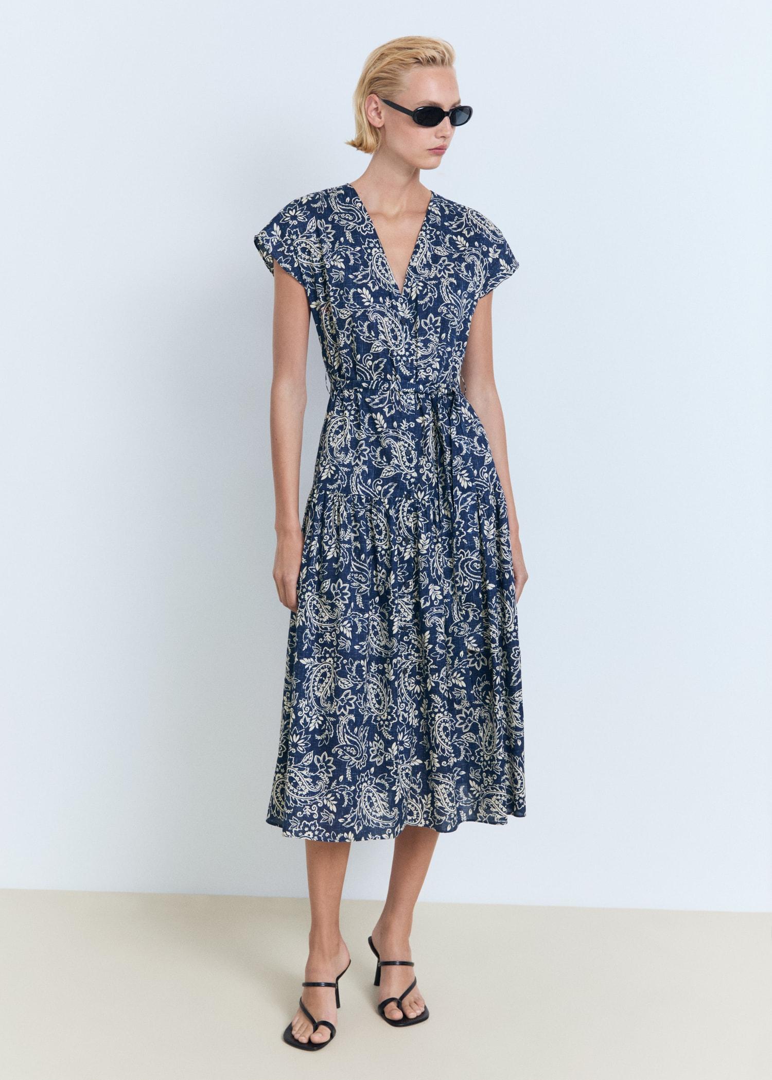 Paisley flared dress with belt - Women | MANGO USA Product Image