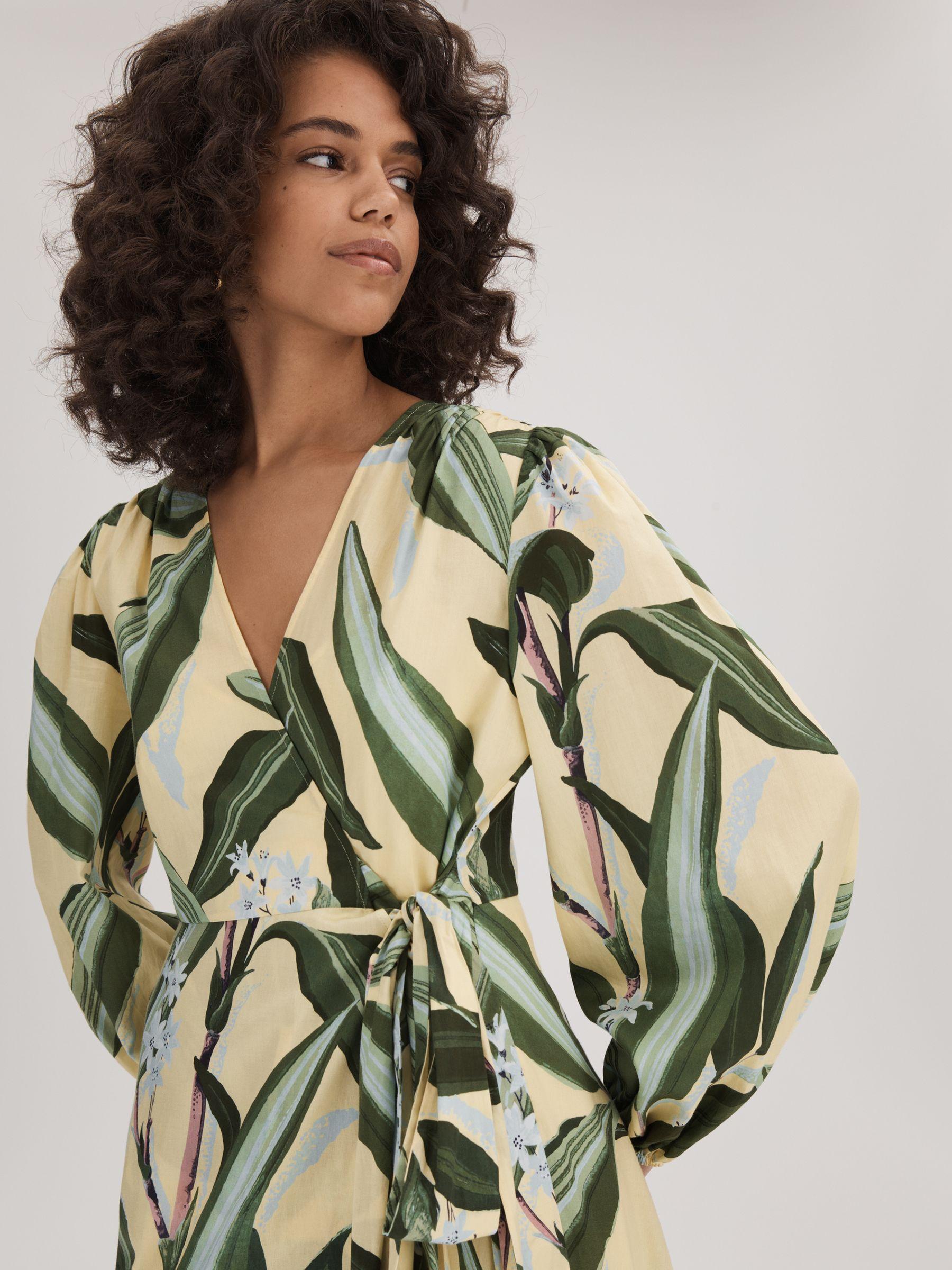 Florere Printed Wrap Midi Dress in Pale Yellow Product Image