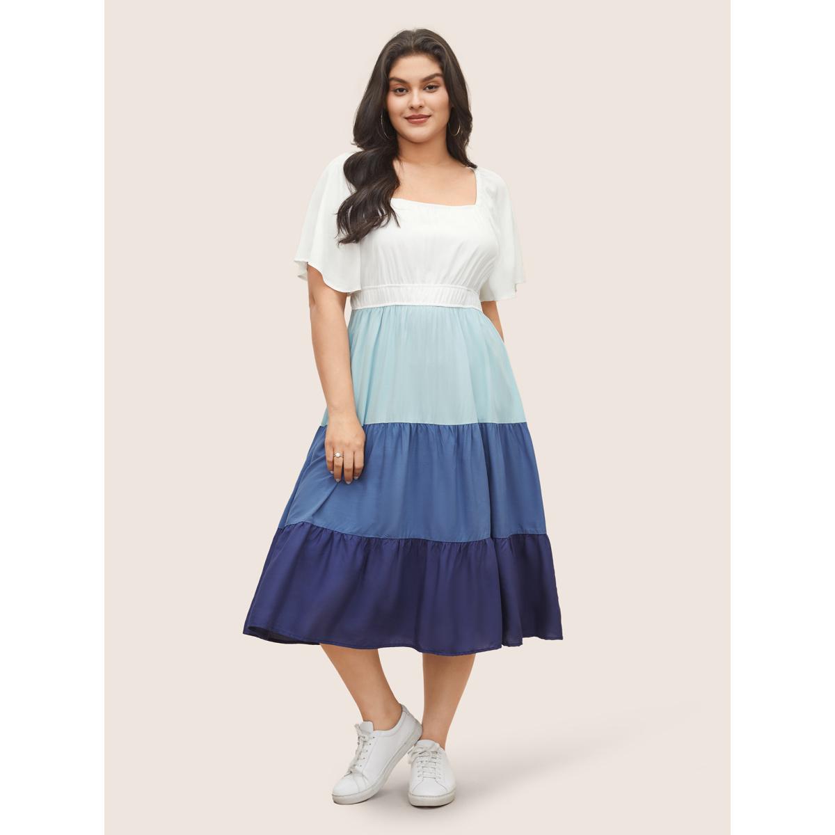 Plus Size Supersoft Essentials Colorblock Contrast Gathered Dress Multicolor Women Casual Contrast Square Neck Short sleeve Curvy Midi Dress BloomChic 12/L Product Image