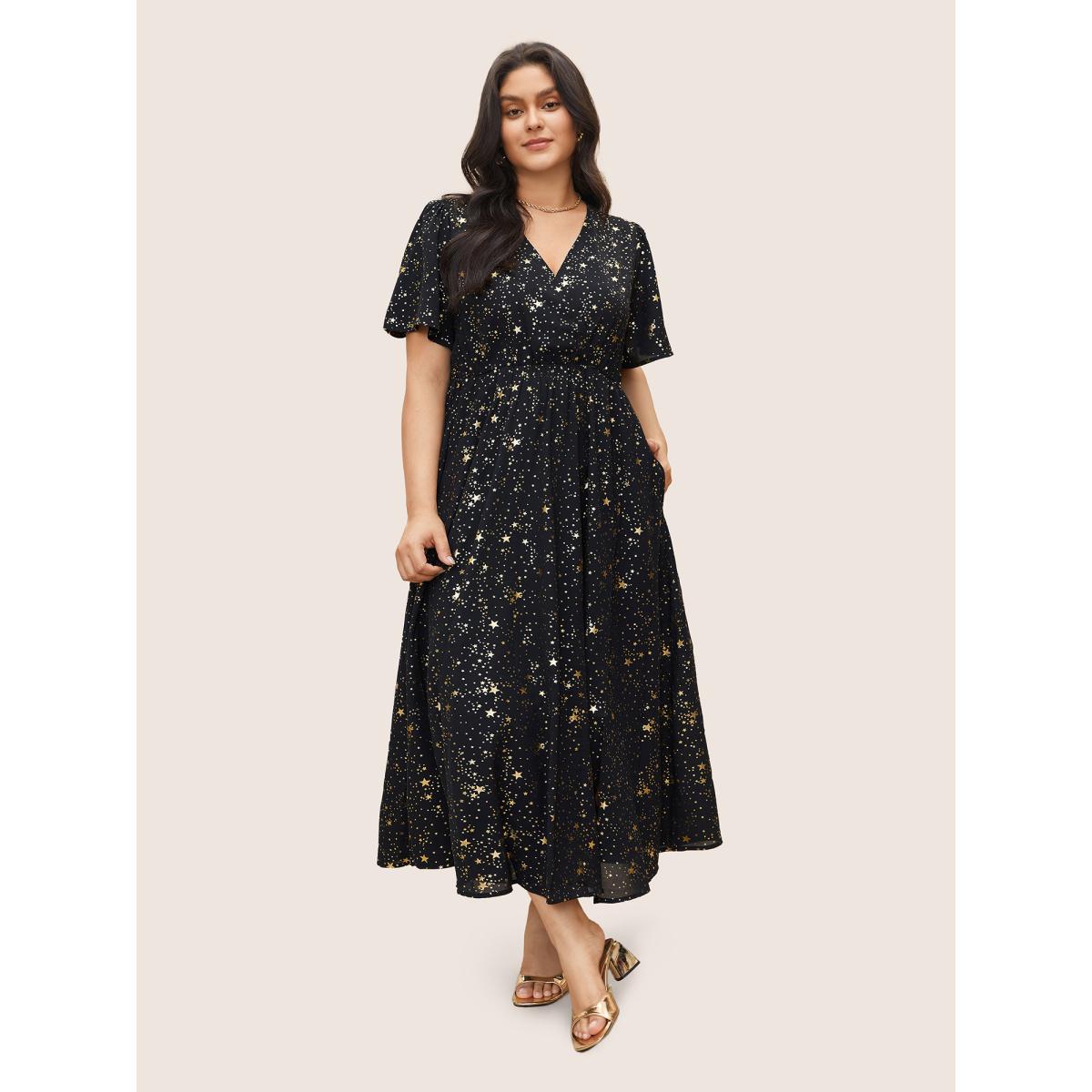 Moon and Star Galaxy Print Plus Size Dress Women Party Pocket Ruffle Sleeve Short Sleeve V Neck Pocket Going out Long Dress BloomChic Product Image