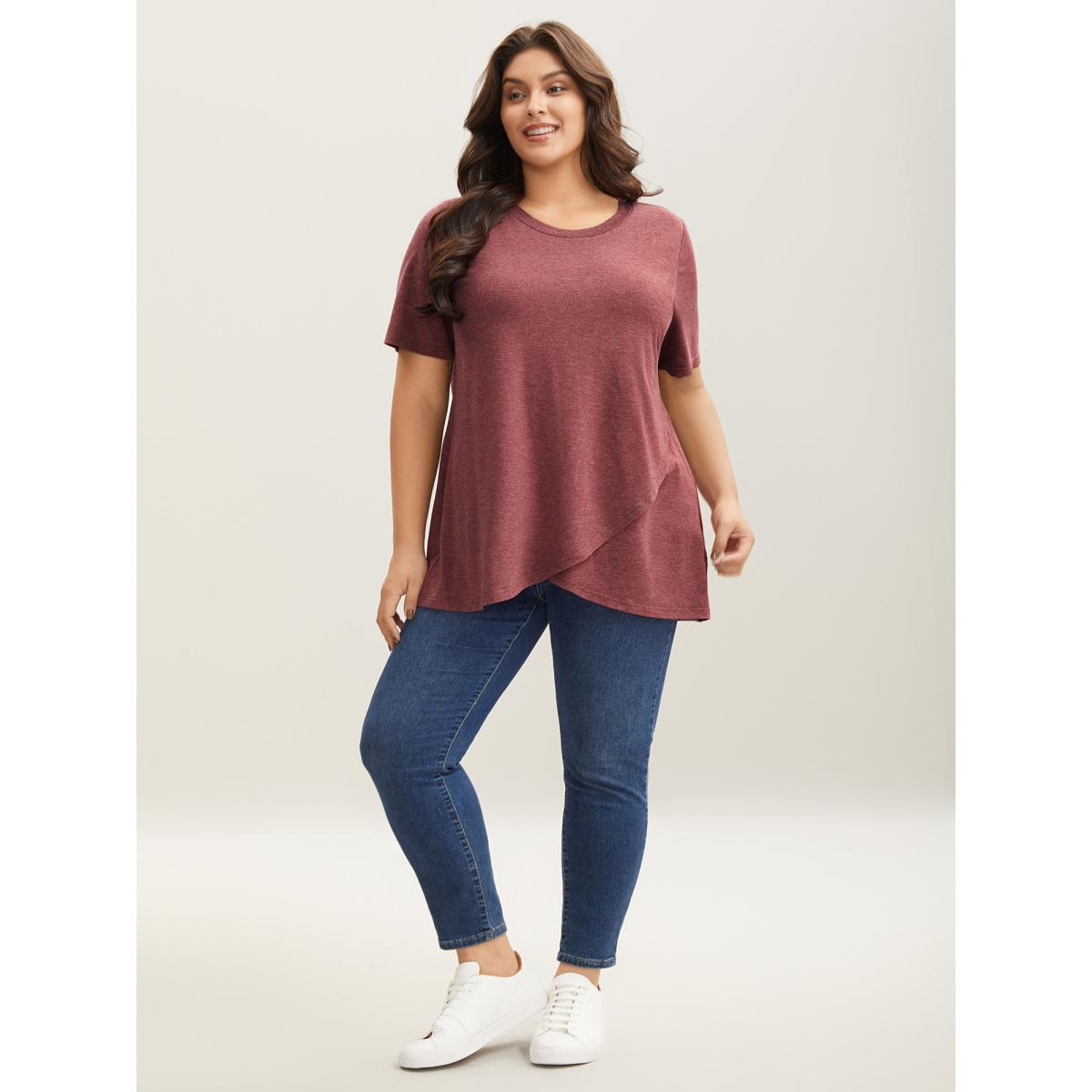 Plus Size Heather Stretchy Overlap Hem Plain T-Shirt Russet Women Leisure Overlapping Round Neck Casual T-shirts BloomChic 12/L Product Image