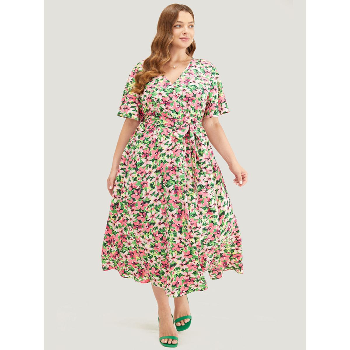 Plus Size Floral Printed Ruffle Sleeve Pocket Surplice Neck Flutter Dress Pink Women Elegant Cross straps V-neck Short sleeve Curvy Midi Dress BloomChic 14-16/1X Product Image