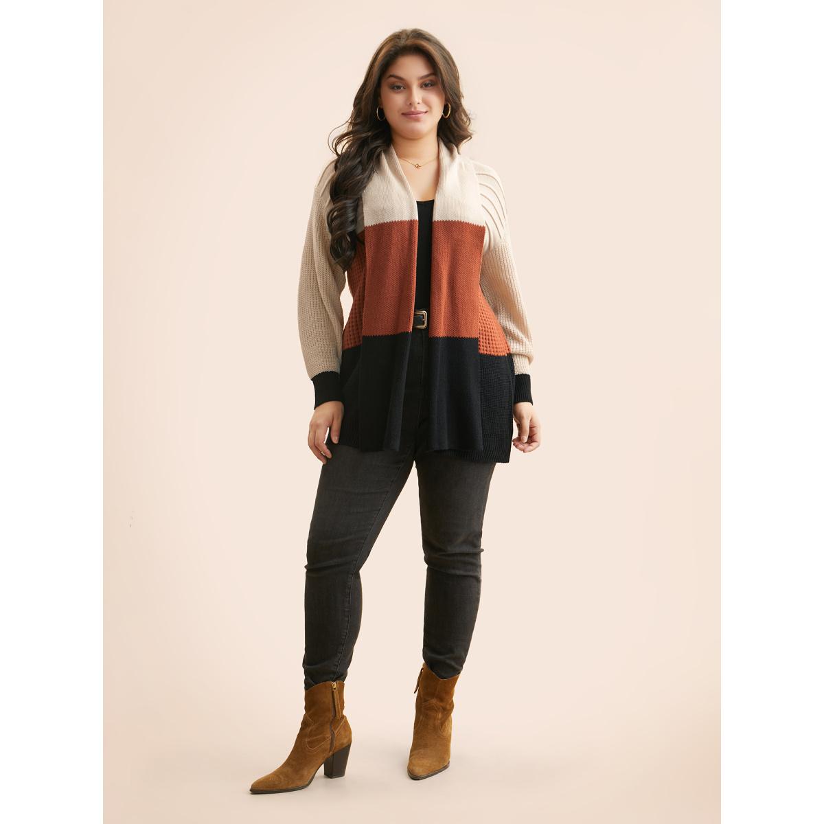 Plus Size Colorblock Contrast Lapel Collar Texture Cardigan Apricot Women Casual Loose Long Sleeve Everyday Cardigans BloomChic 30/6X Product Image