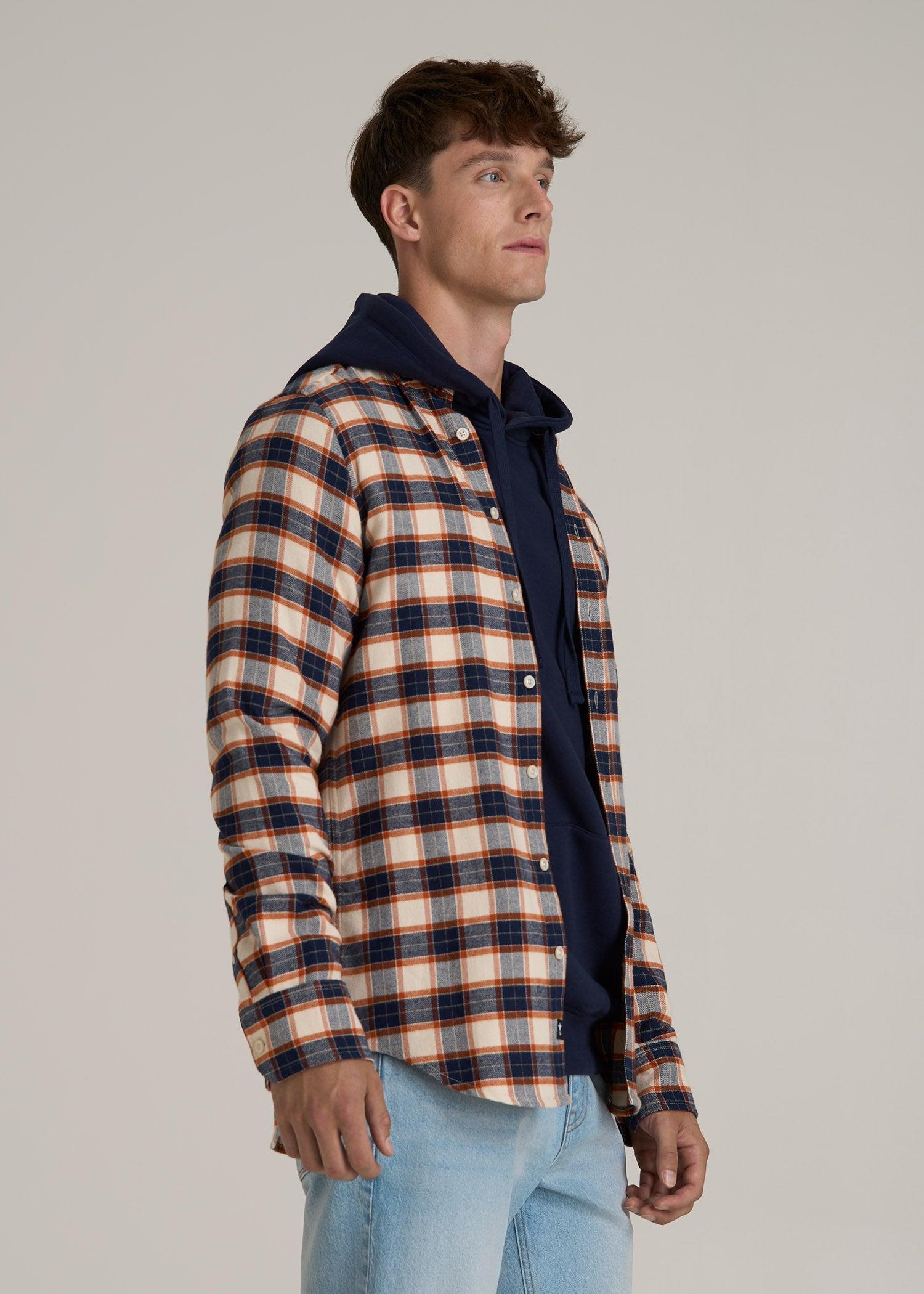 Midweight Brushed Flannel Button Shirt for Tall Men in Blue and Orange Plaid Male Product Image
