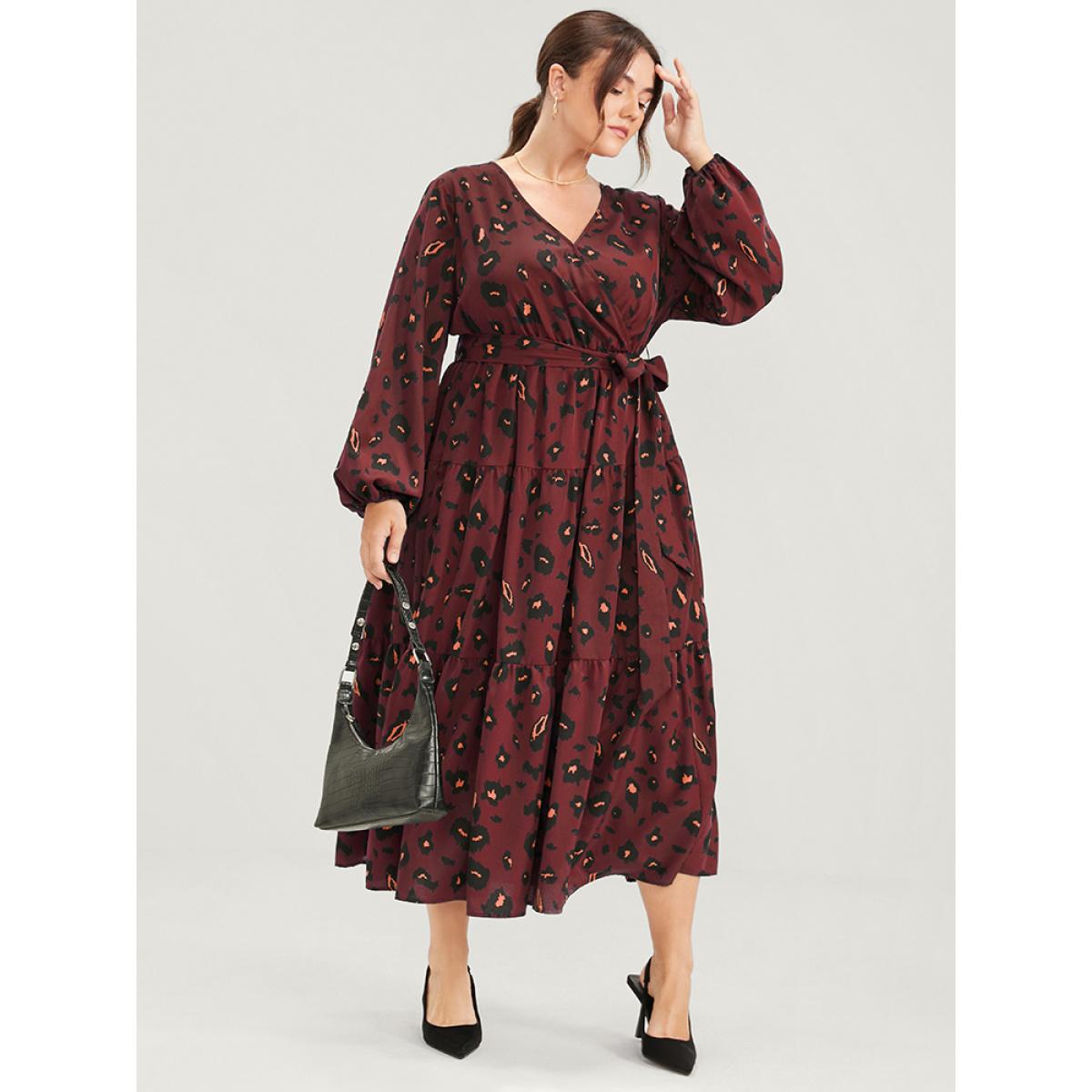 Plus Size Pocket Button Surplice Neck Allover Print Belted Dress Scarlet Women Party Cross straps V-neck Long Sleeve Curvy Long Dress BloomChic 14-16/1X Product Image