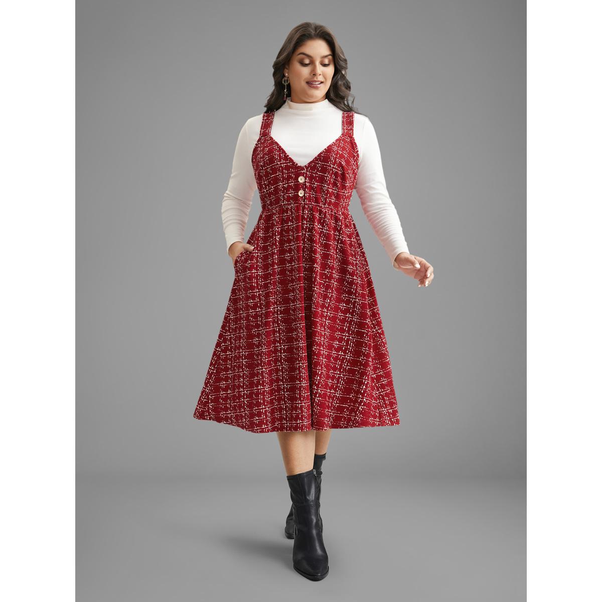 Plus Size Plaid Cami Front Button Midi Dress Scarlet Women Elegant Button Deep V-neck Sleeveless Curvy BloomChic 28/5X Product Image