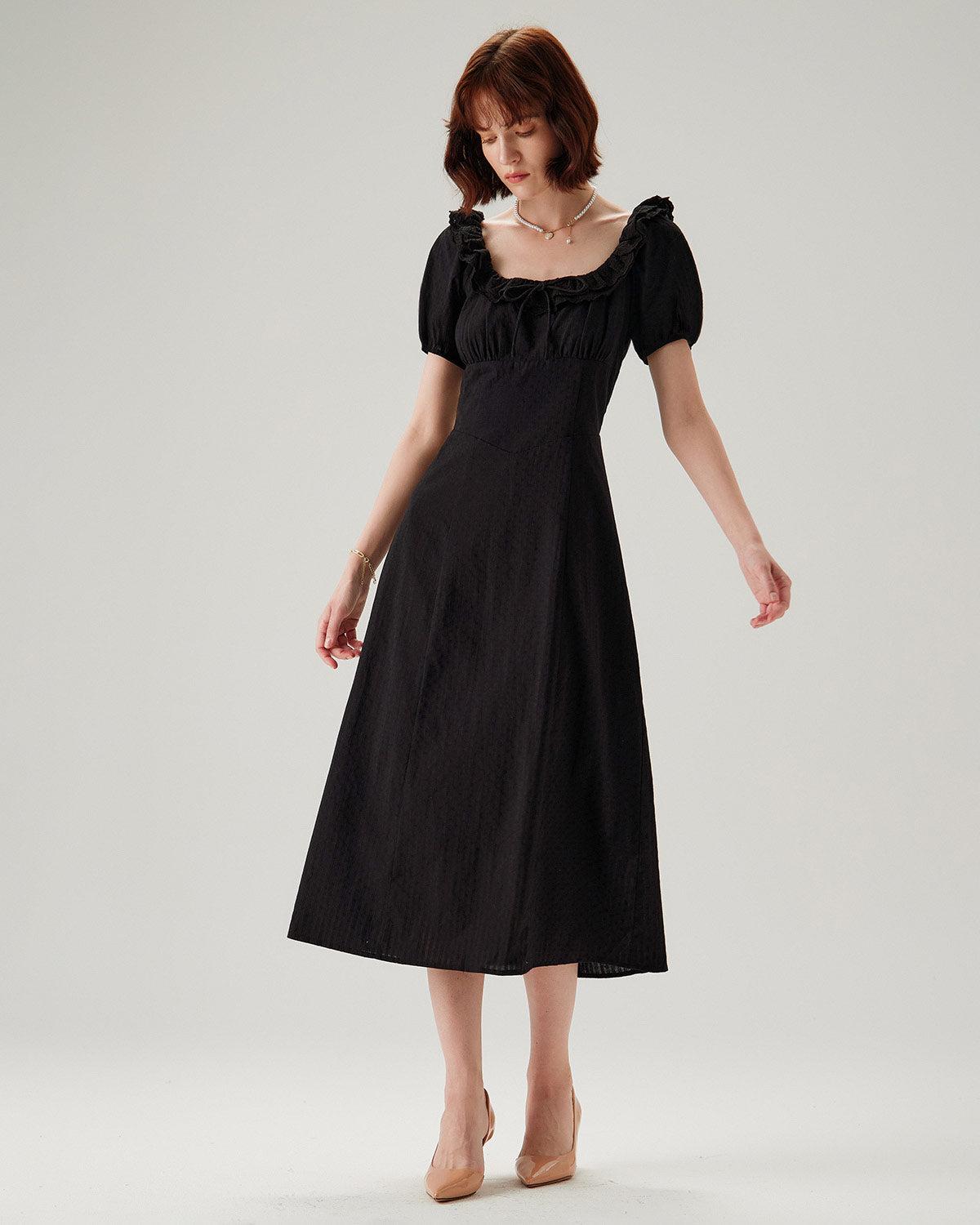 Black Embroidery Puffed Sleeve Maxi Dress Product Image