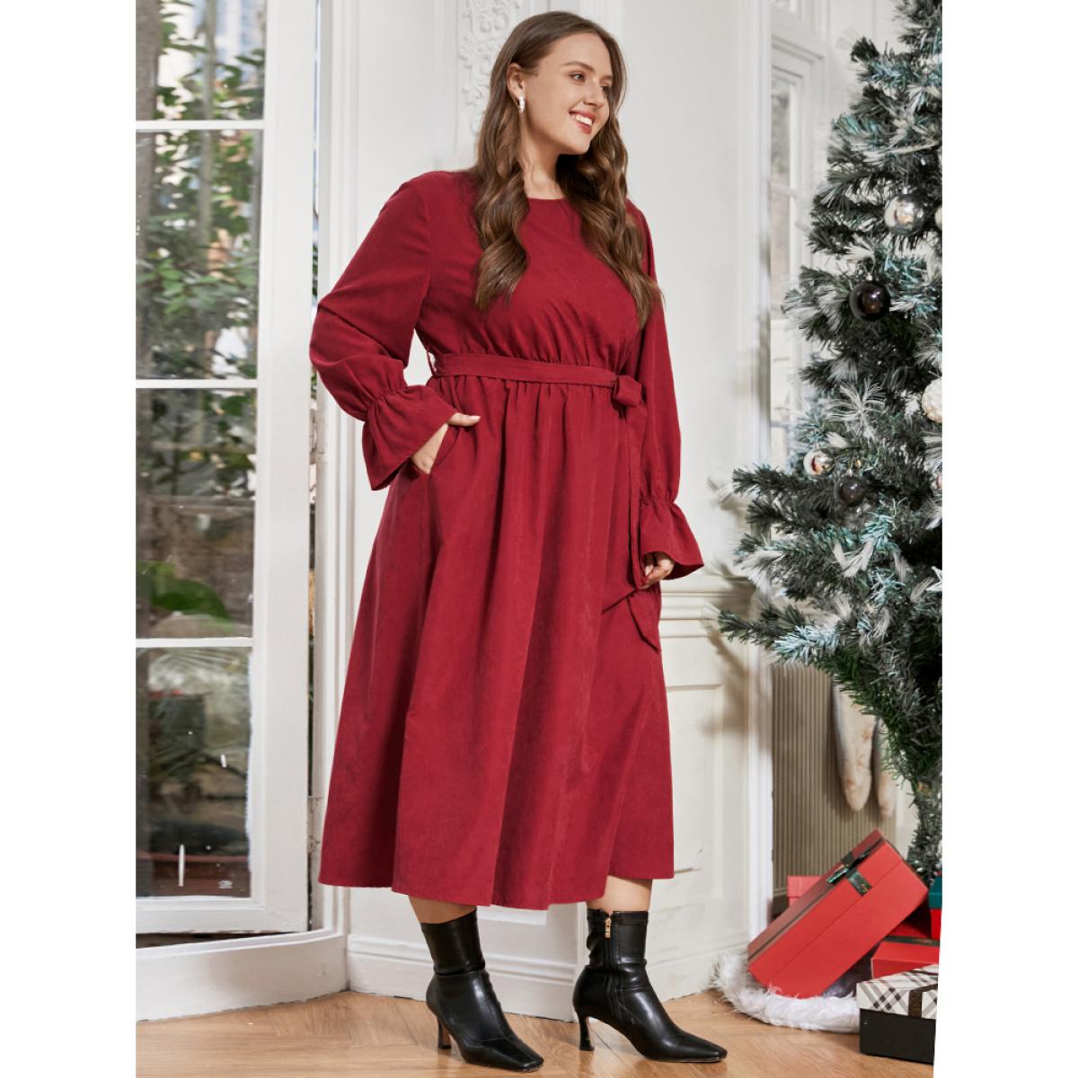 Plus Size Solid Round Neck Pocket Belted Lantern Sleeve Dress Scarlet Women Dating Round Neck Long Sleeve Curvy Midi Dress BloomChic 12/L Product Image
