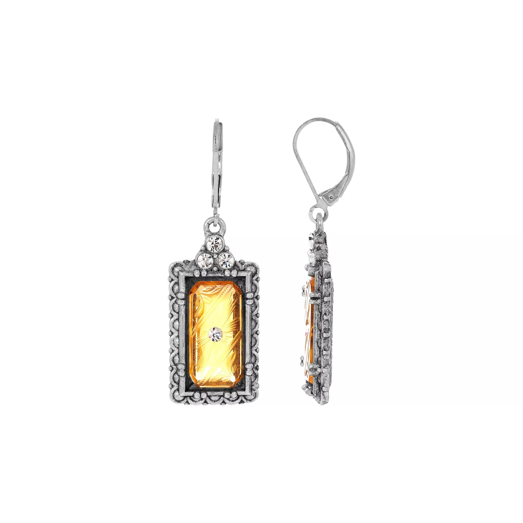 1928 Silver Tone Rectangle Simulated Crystal Stone Earrings, Women's, Yellow Product Image
