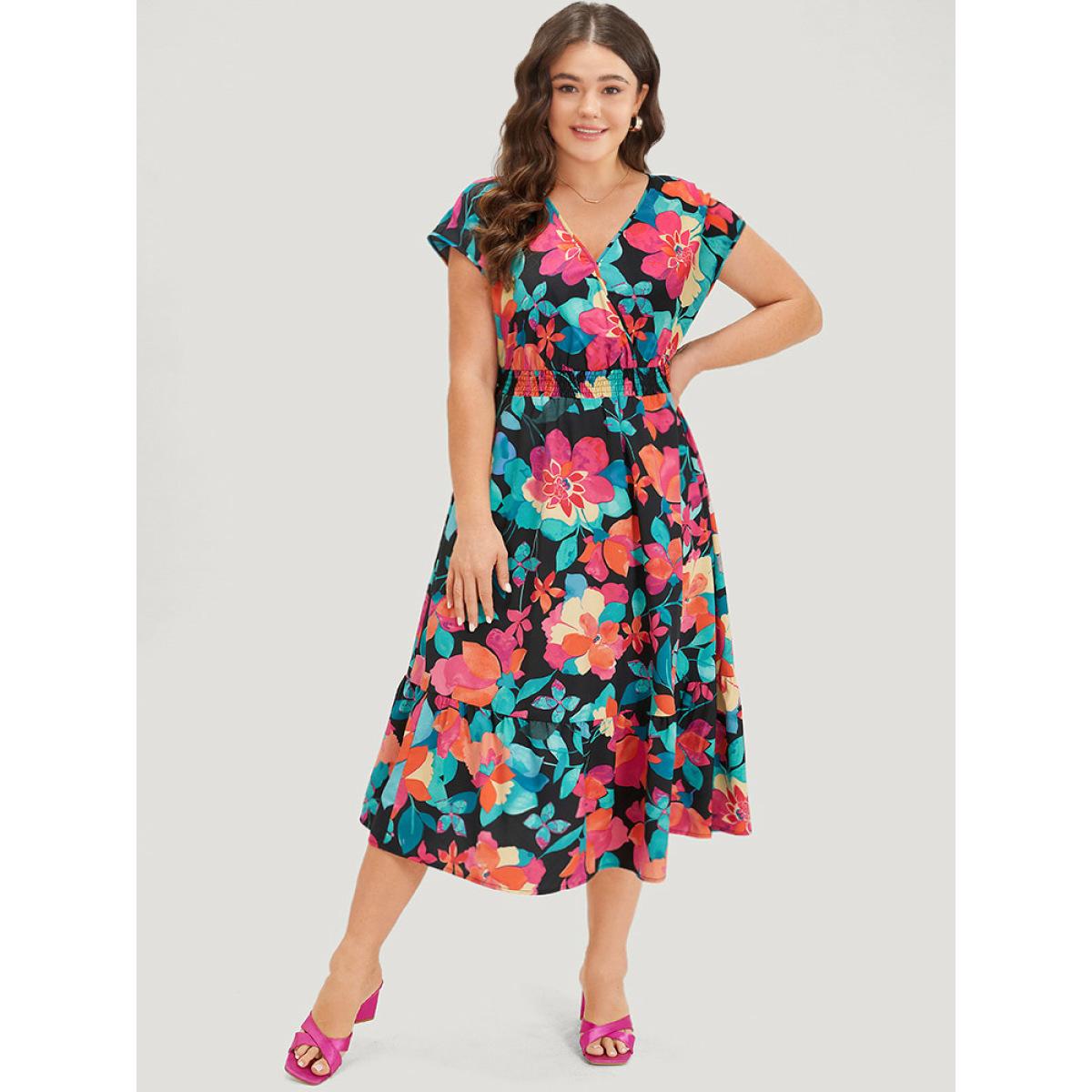 Plus Size Floral Shirred Overlap Collar Batwing Sleeve Dress Black Women Elegant Wrap V-neck Cap Sleeve Curvy Midi Dress BloomChic 14-16/1X Product Image